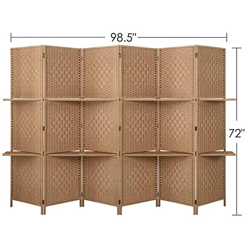 6 ft Tall Extra Wide 6 Panels Room Divider Folding Screen 2 Display Shelves