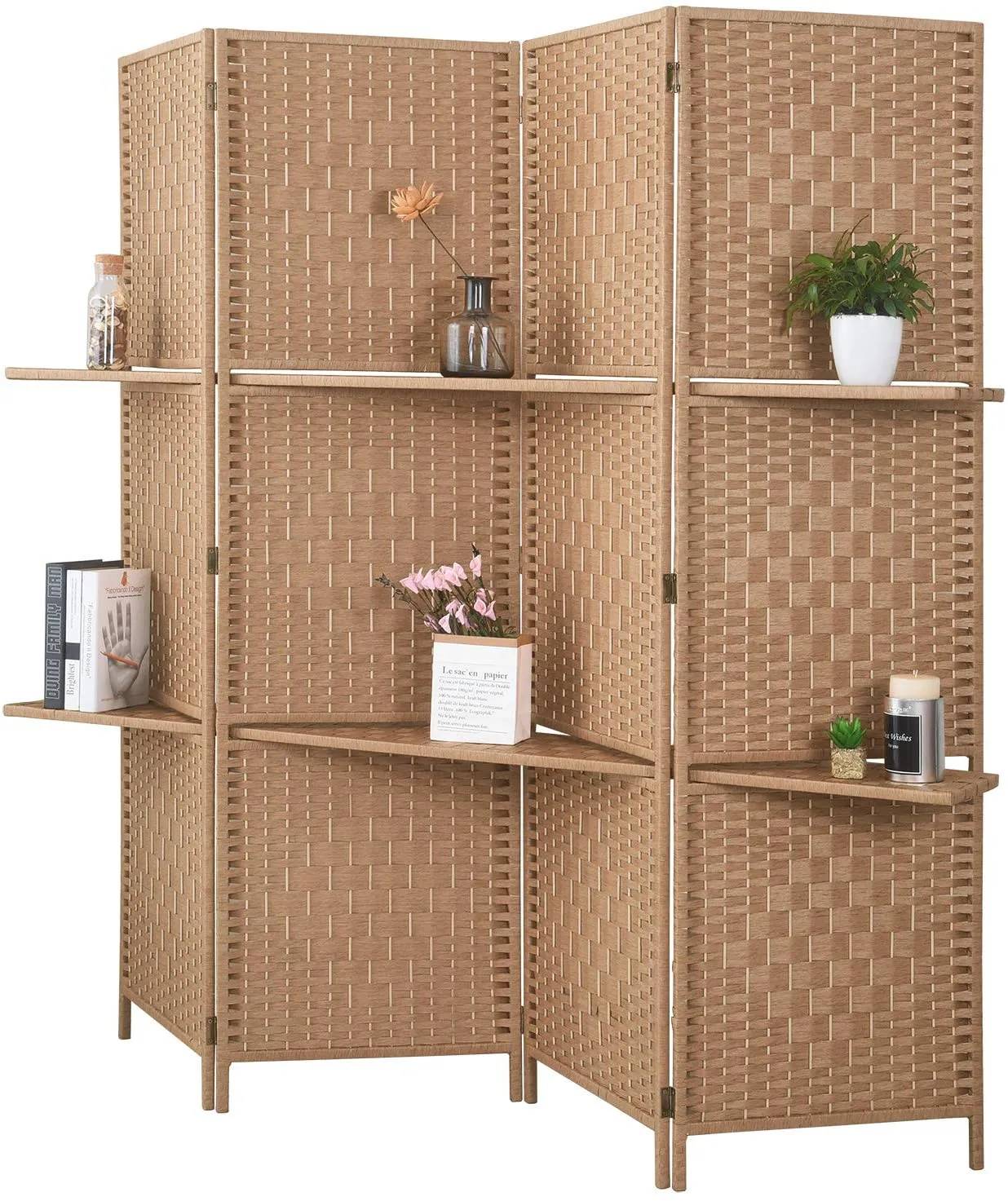 6 ft Tall Extra Wide 6 Panels Room Divider Folding Screen 2 Display Shelves
