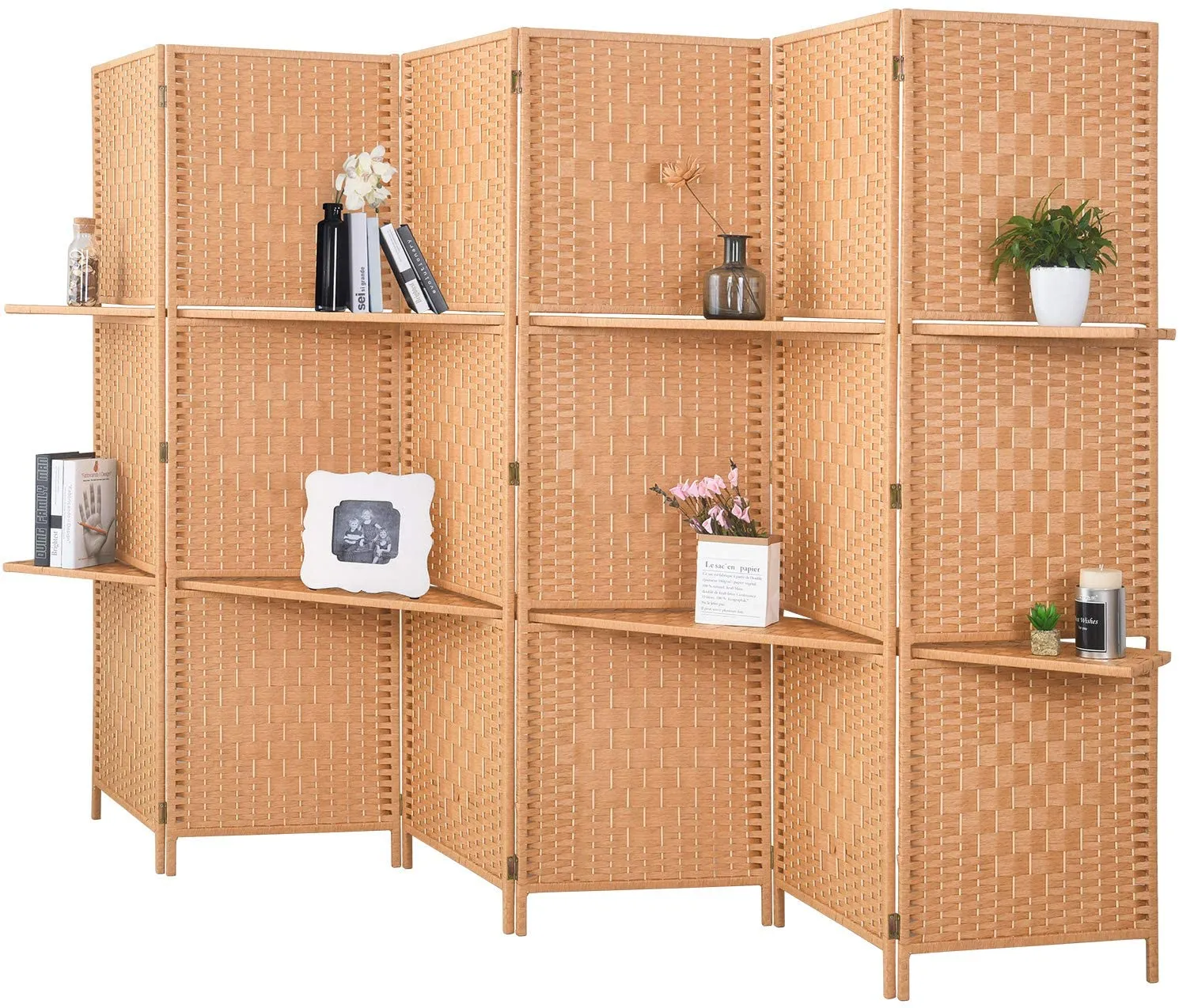 6 ft Tall Extra Wide 6 Panels Room Divider Folding Screen 2 Display Shelves