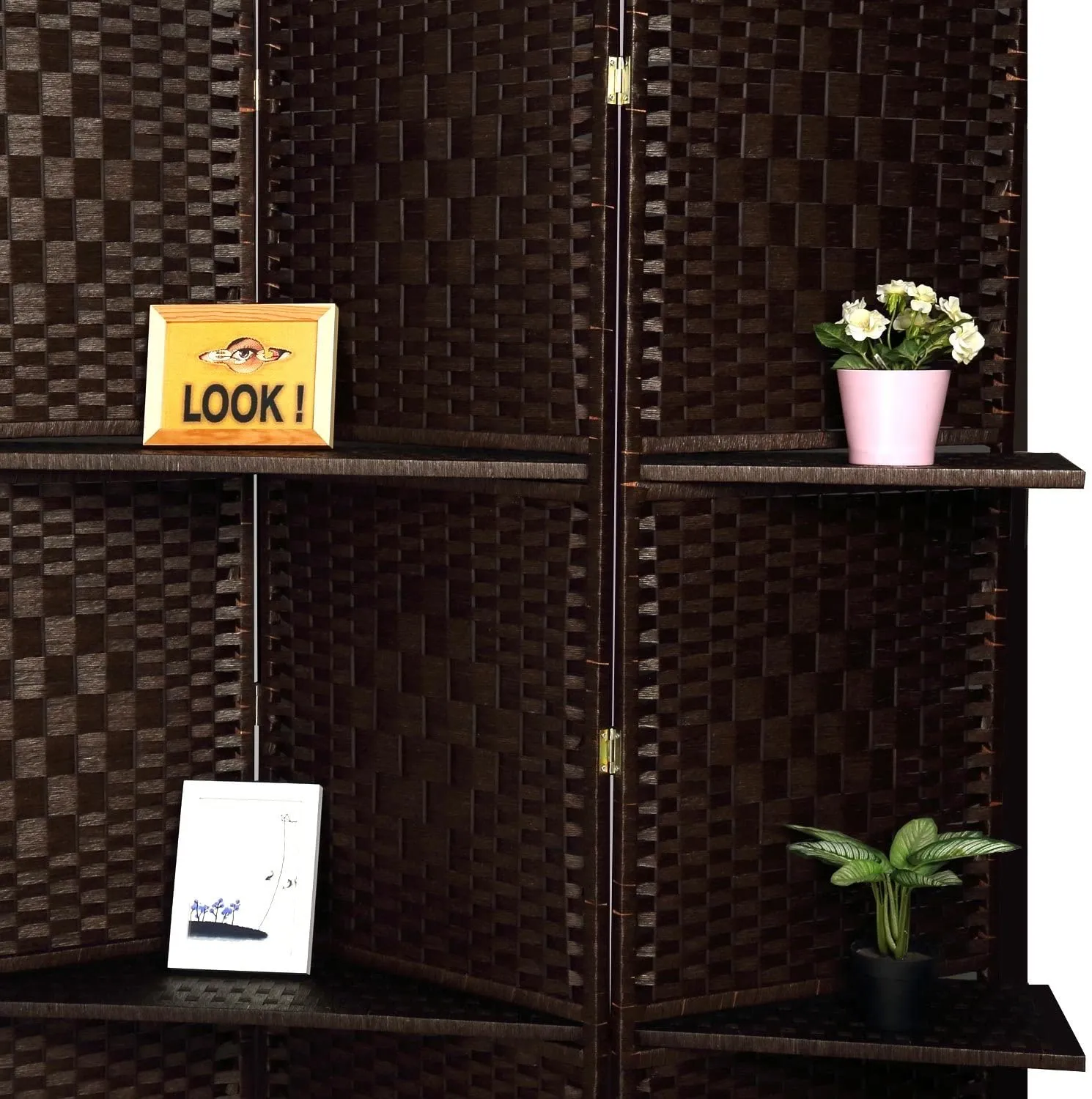 6 ft Tall Extra Wide 6 Panels Room Divider Folding Screen 2 Display Shelves