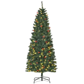 6FT Prelit Artificial Pencil Christmas Tree with Warm White LED Light, Red Berry, Holiday Home Xmas Decoration, Green