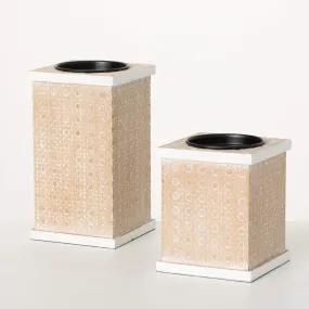 8.5" Rattan Block Pillar Holders - Set of 2, Multicolor
