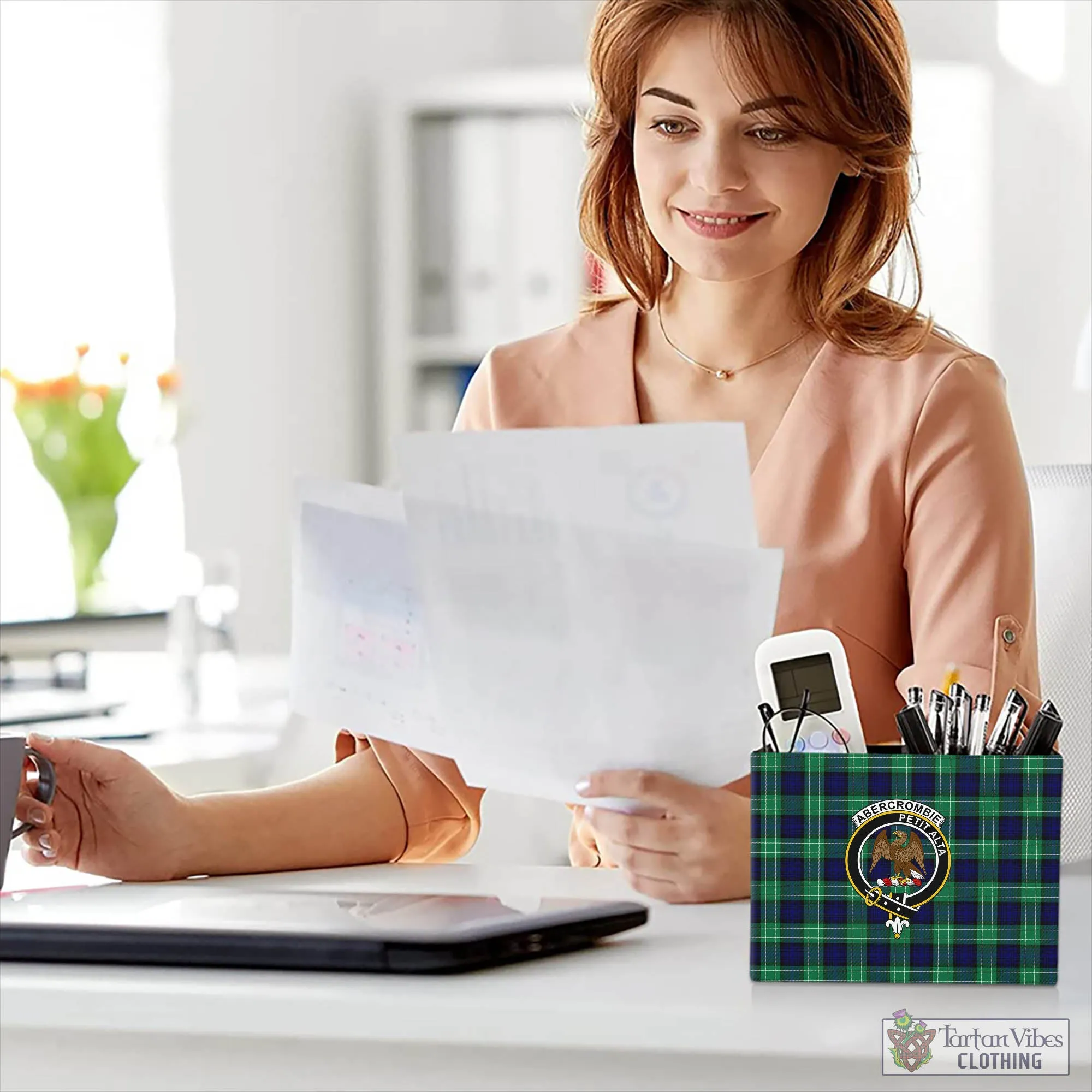 Abercrombie Tartan Pen Holder with Family Crest