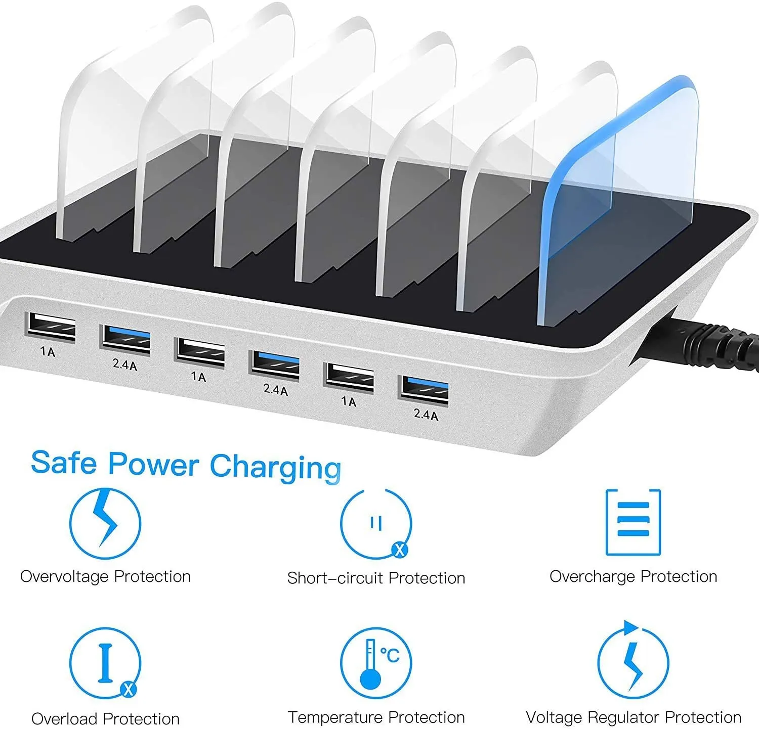 AGG 6 USB Charging Station for Multiple Devices - LED Indication - Smart Fast Charging Dock Compatible with IOS, Android, Cellphone Black