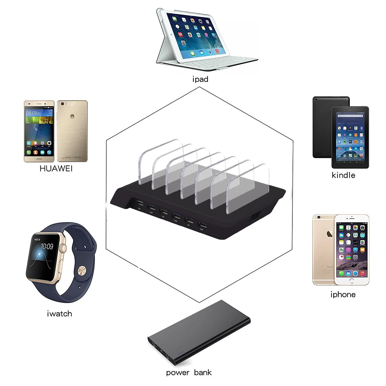 AGG 6 USB Charging Station for Multiple Devices - LED Indication - Smart Fast Charging Dock Compatible with IOS, Android, Cellphone Black