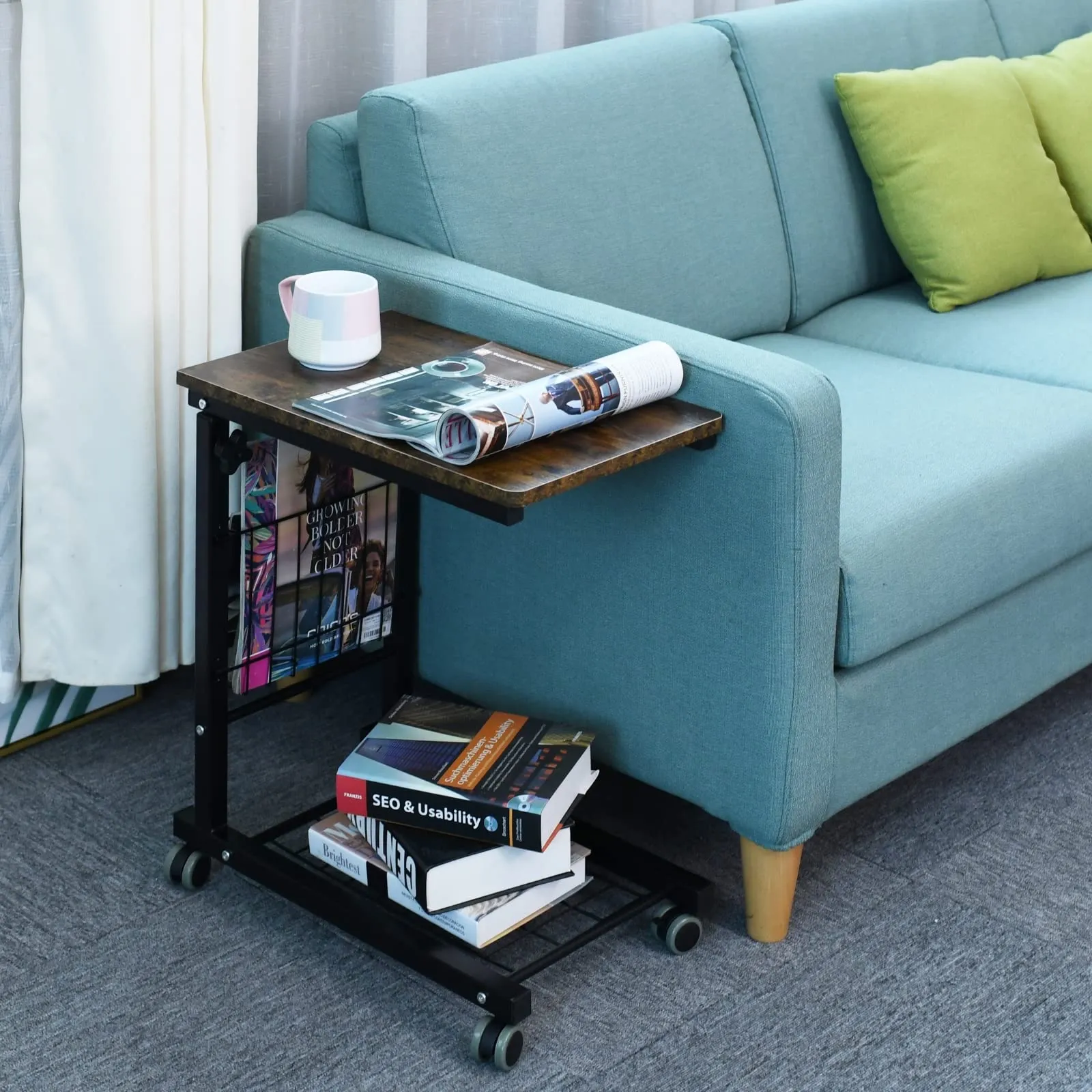AIZ Overbed Table, Height Adjustable Sofa Side Table Slide Under The Sofa Table Laptop End Table Rolling Bedside Desk Cart, Black & Yellow