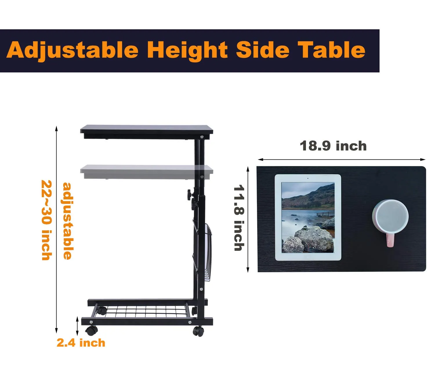 AIZ Overbed Table, Height Adjustable Sofa Side Table Slide Under The Sofa Table Laptop End Table Rolling Bedside Desk Cart, Black & Yellow