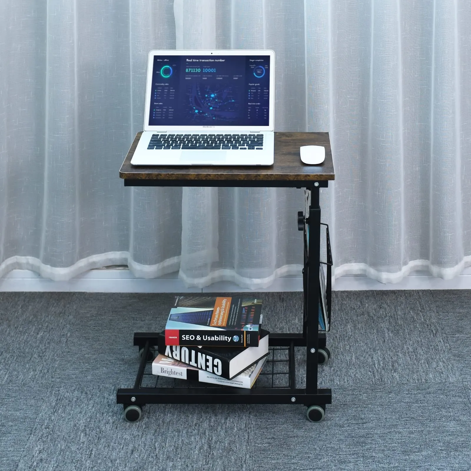 AIZ Overbed Table, Height Adjustable Sofa Side Table Slide Under The Sofa Table Laptop End Table Rolling Bedside Desk Cart, Black & Yellow