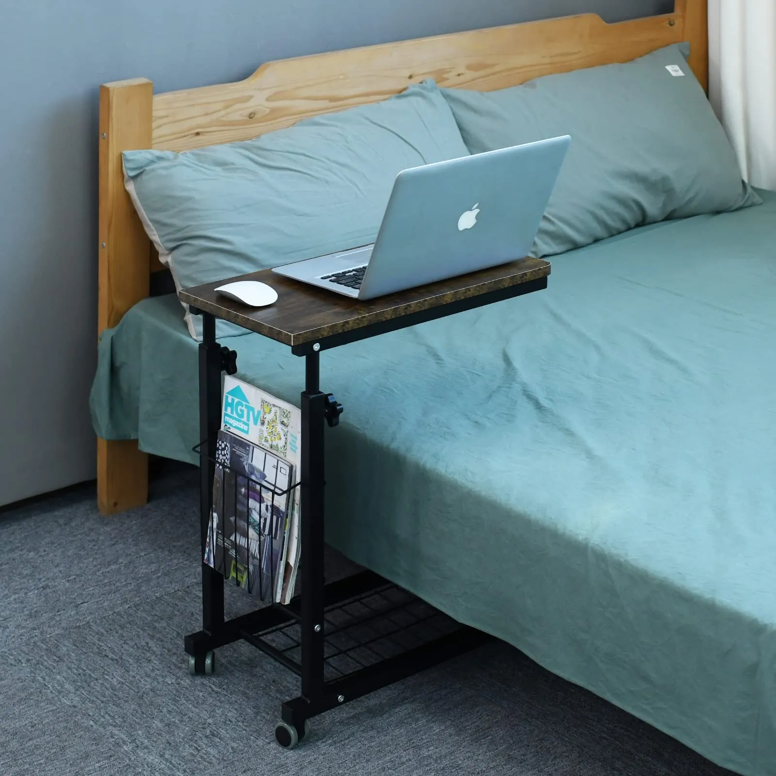 AIZ Overbed Table, Height Adjustable Sofa Side Table Slide Under The Sofa Table Laptop End Table Rolling Bedside Desk Cart, Black & Yellow