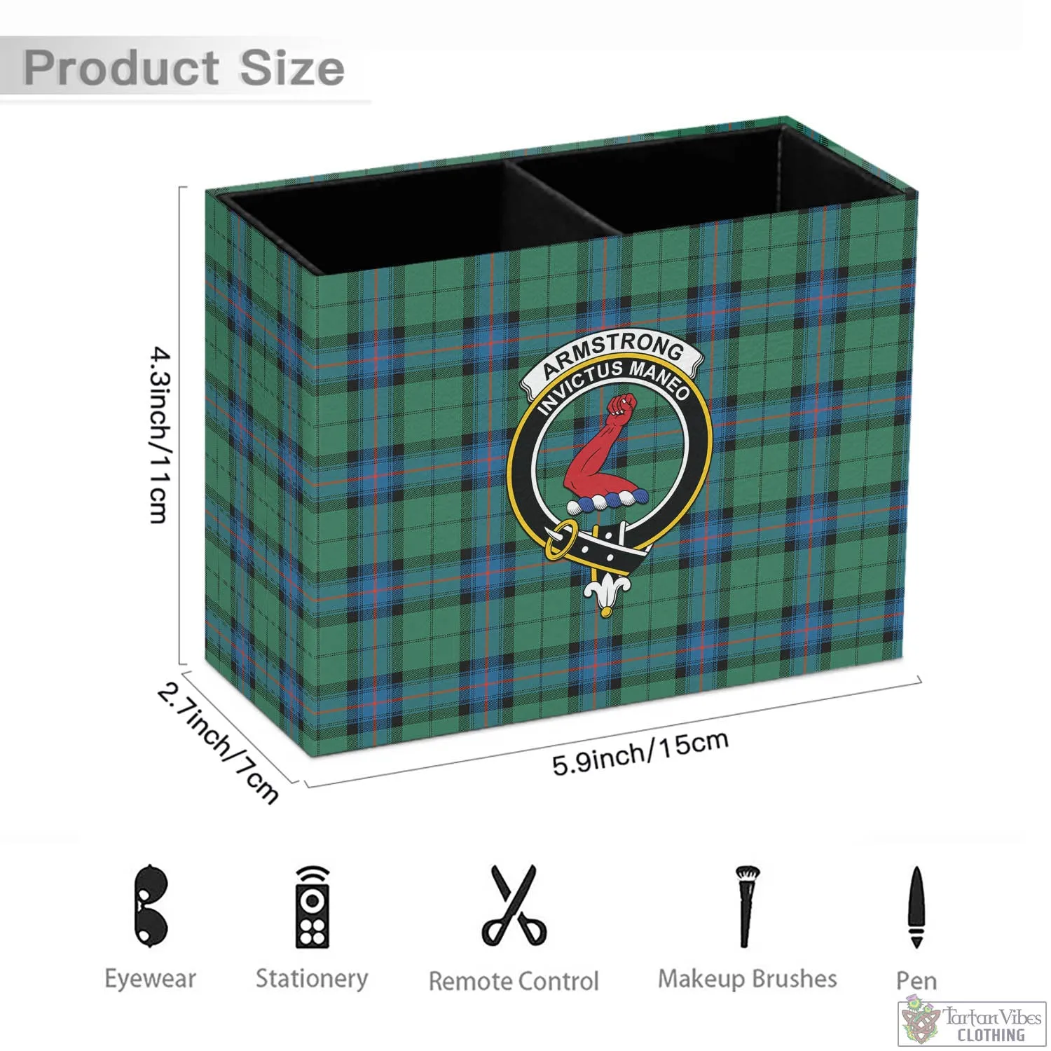 Armstrong Ancient Tartan Pen Holder with Family Crest