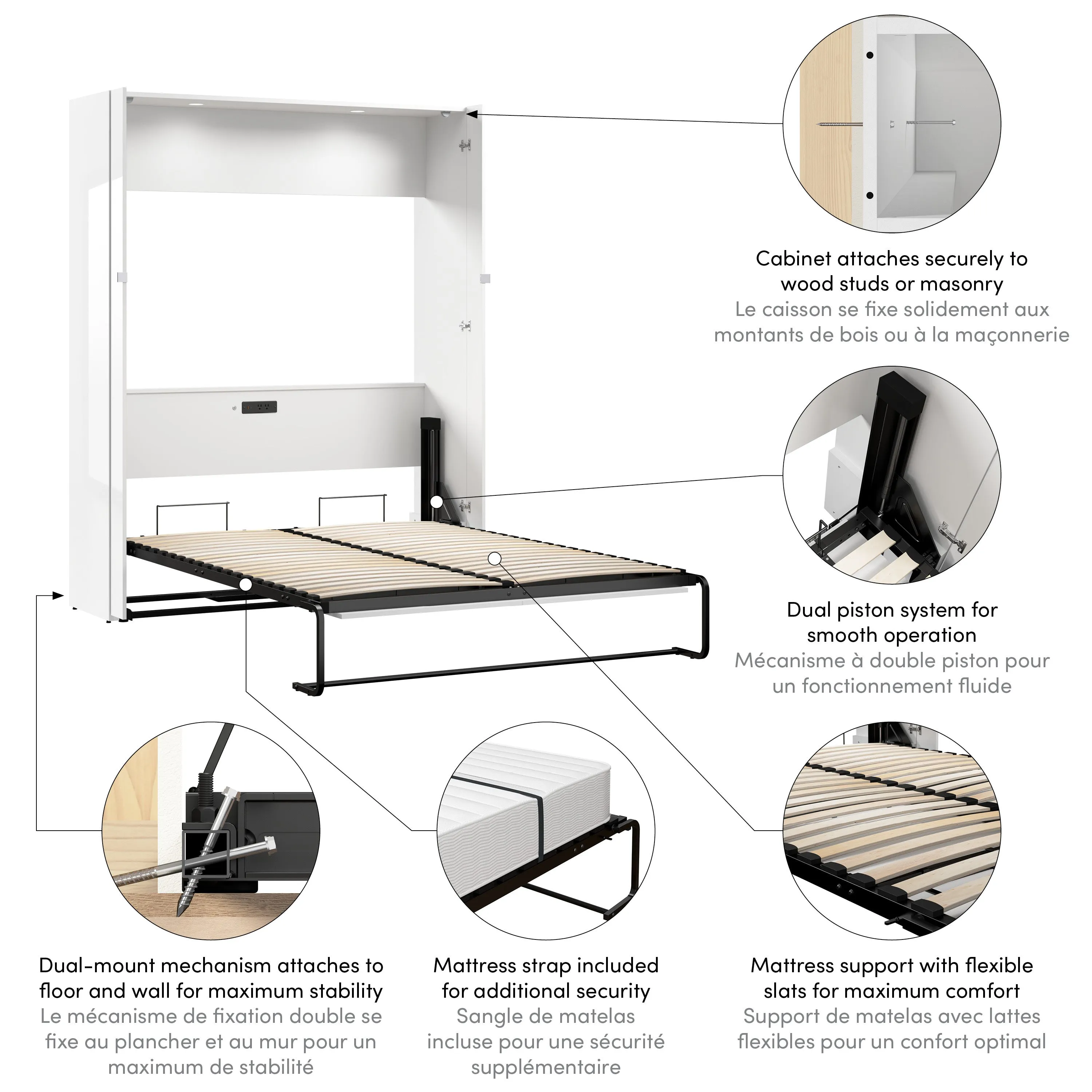 Avalon 67W High Gloss Queen Murphy Wall Bed in High Gloss White