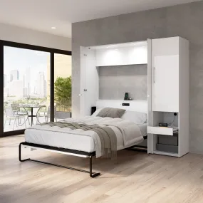 Avalon High Gloss Full Murphy Wall Bed and Storage Cabinet with Pull-Out Shelf in High Gloss White