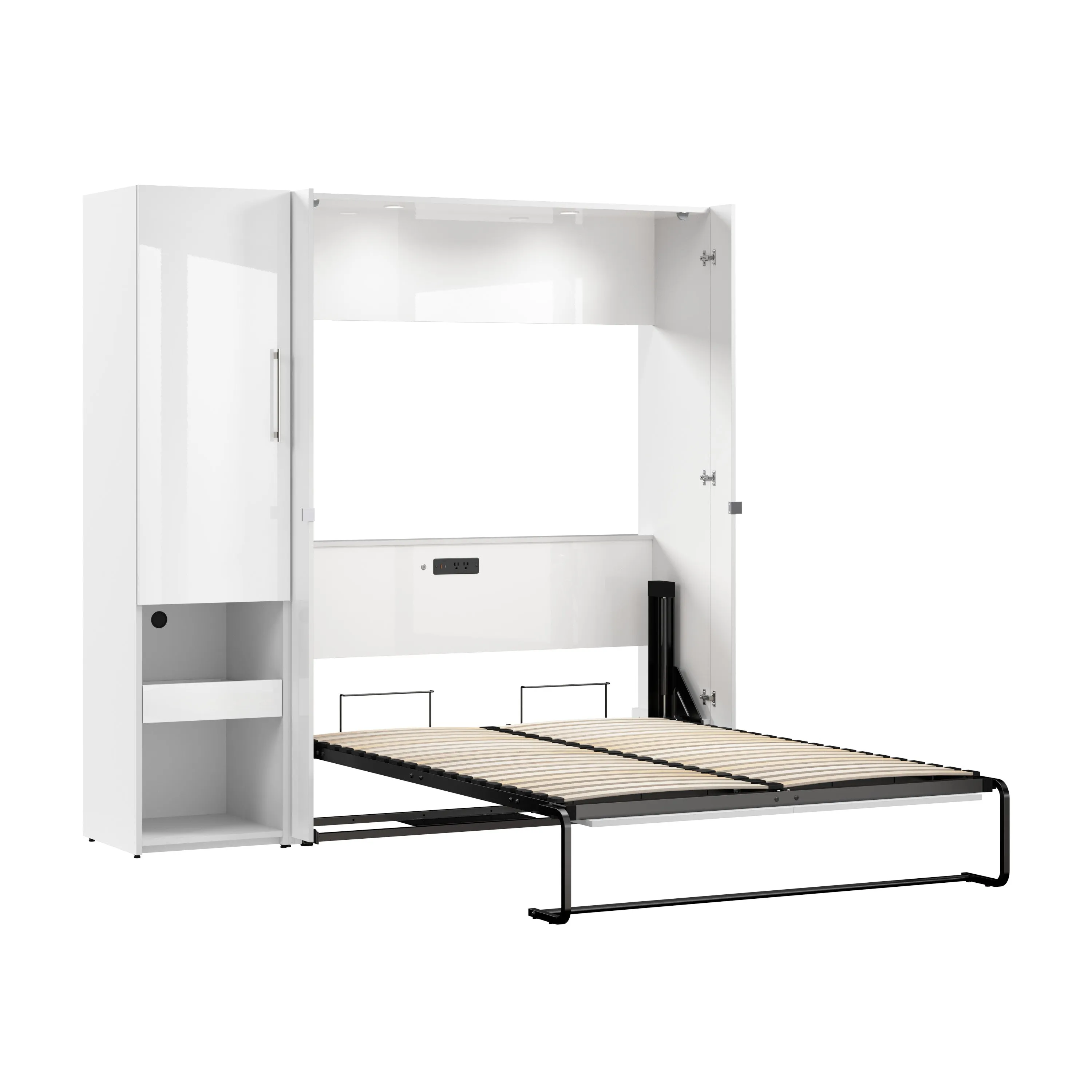 Avalon High Gloss Full Murphy Wall Bed and Storage Cabinet with Pull-Out Shelf in High Gloss White