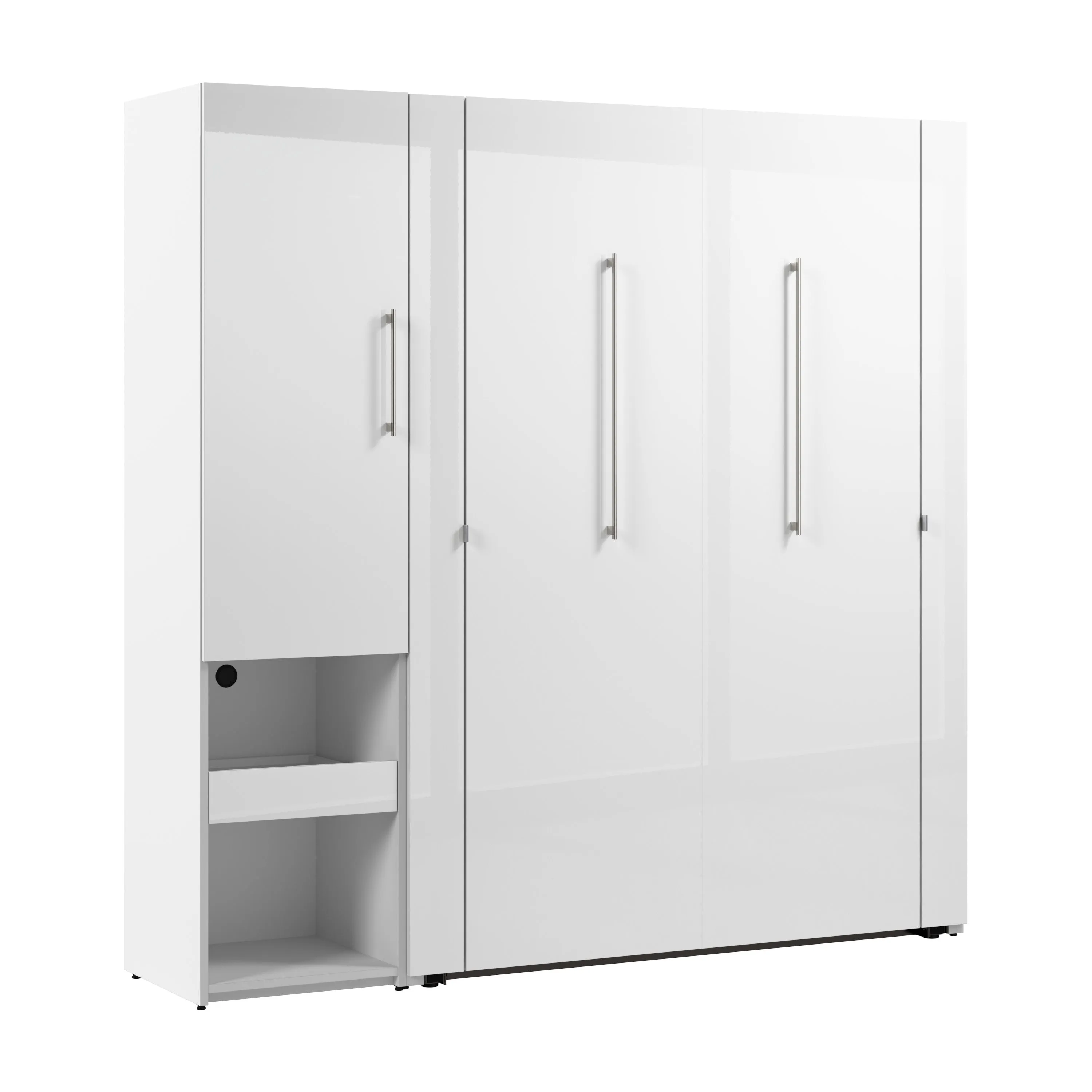 Avalon High Gloss Full Murphy Wall Bed and Storage Cabinet with Pull-Out Shelf in High Gloss White