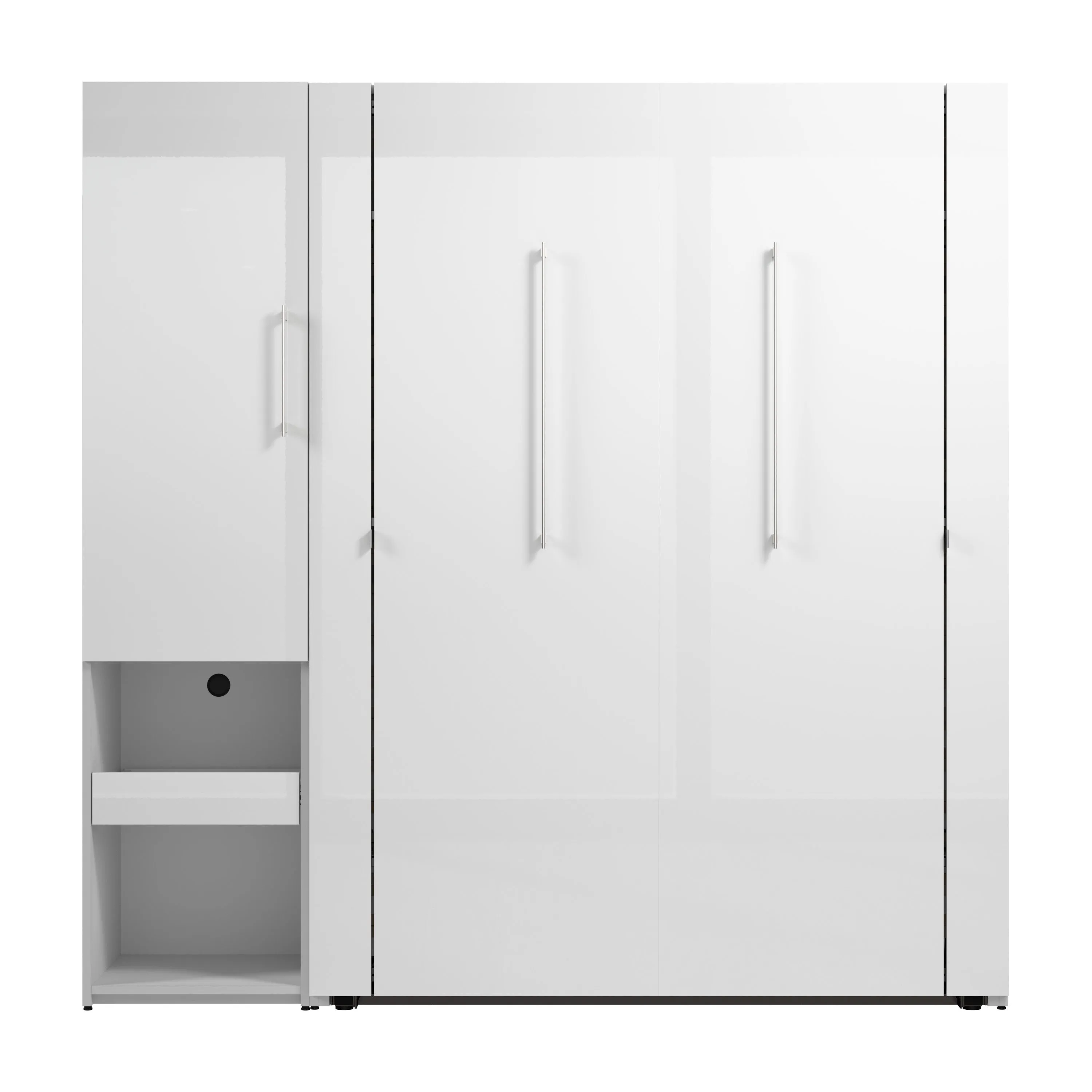 Avalon High Gloss Full Murphy Wall Bed and Storage Cabinet with Pull-Out Shelf in High Gloss White