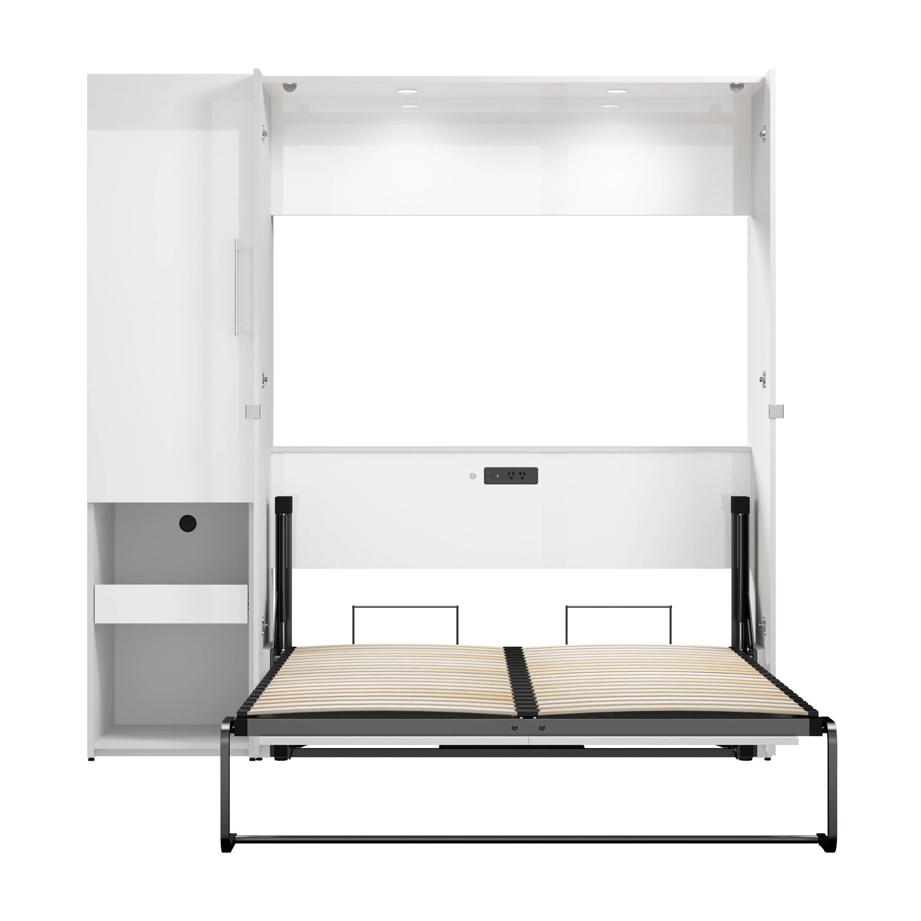 Avalon High Gloss Full Murphy Wall Bed and Storage Cabinet with Pull-Out Shelf in High Gloss White
