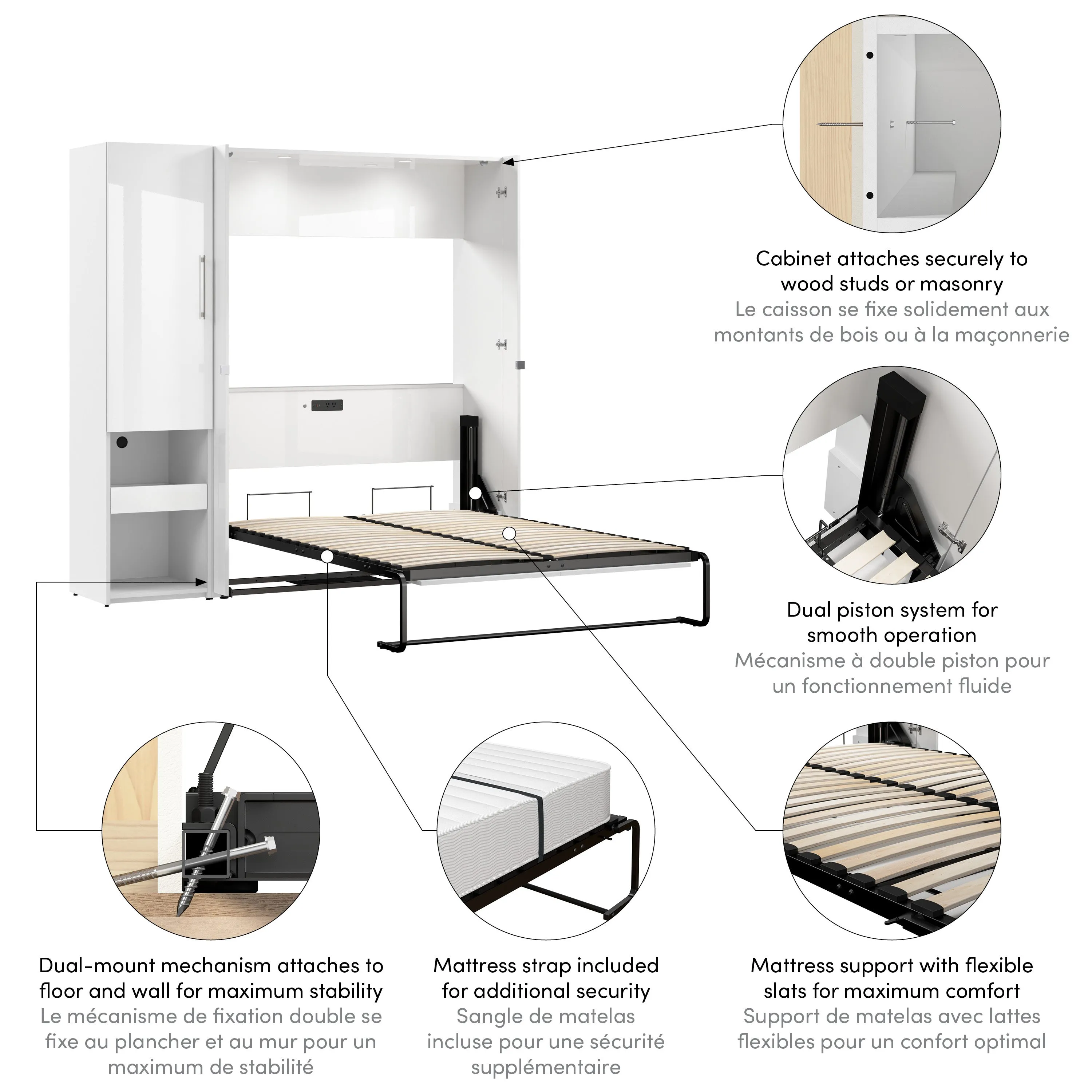 Avalon High Gloss Full Murphy Wall Bed and Storage Cabinet with Pull-Out Shelf in High Gloss White