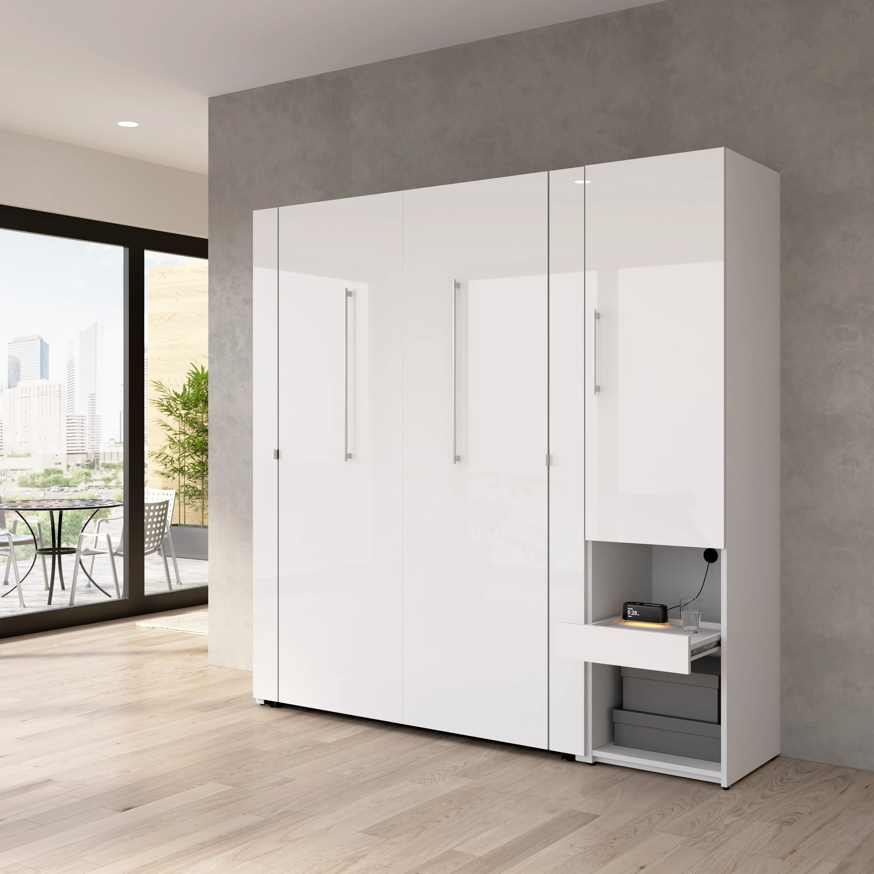 Avalon High Gloss Full Murphy Wall Bed and Storage Cabinet with Pull-Out Shelf in High Gloss White