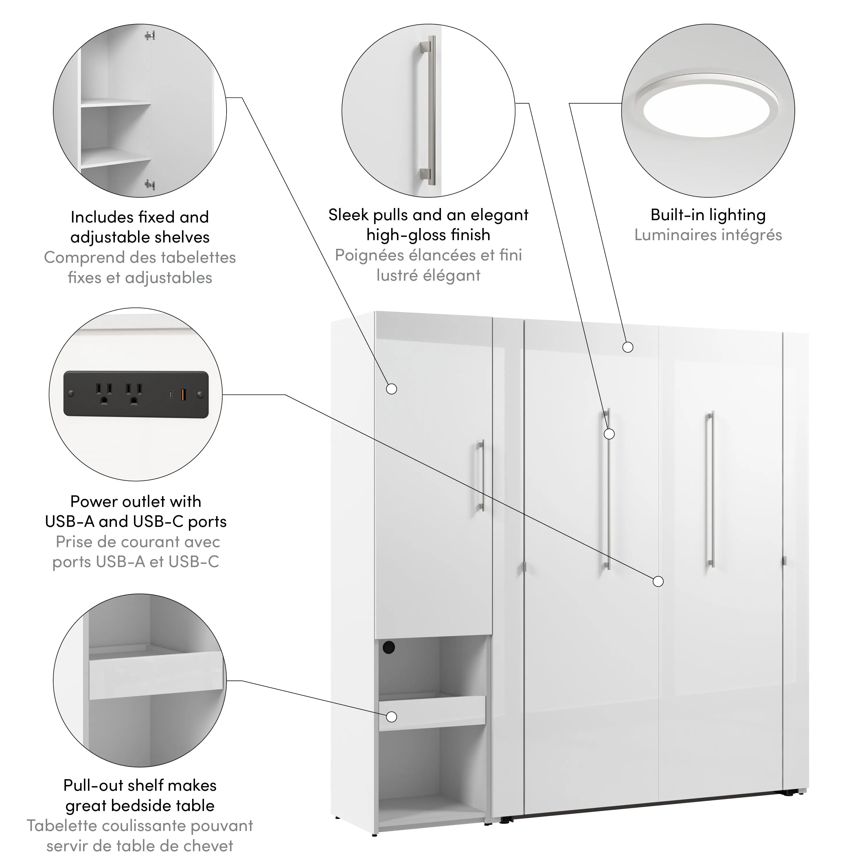 Avalon High Gloss Full Murphy Wall Bed and Storage Cabinet with Pull-Out Shelf in High Gloss White
