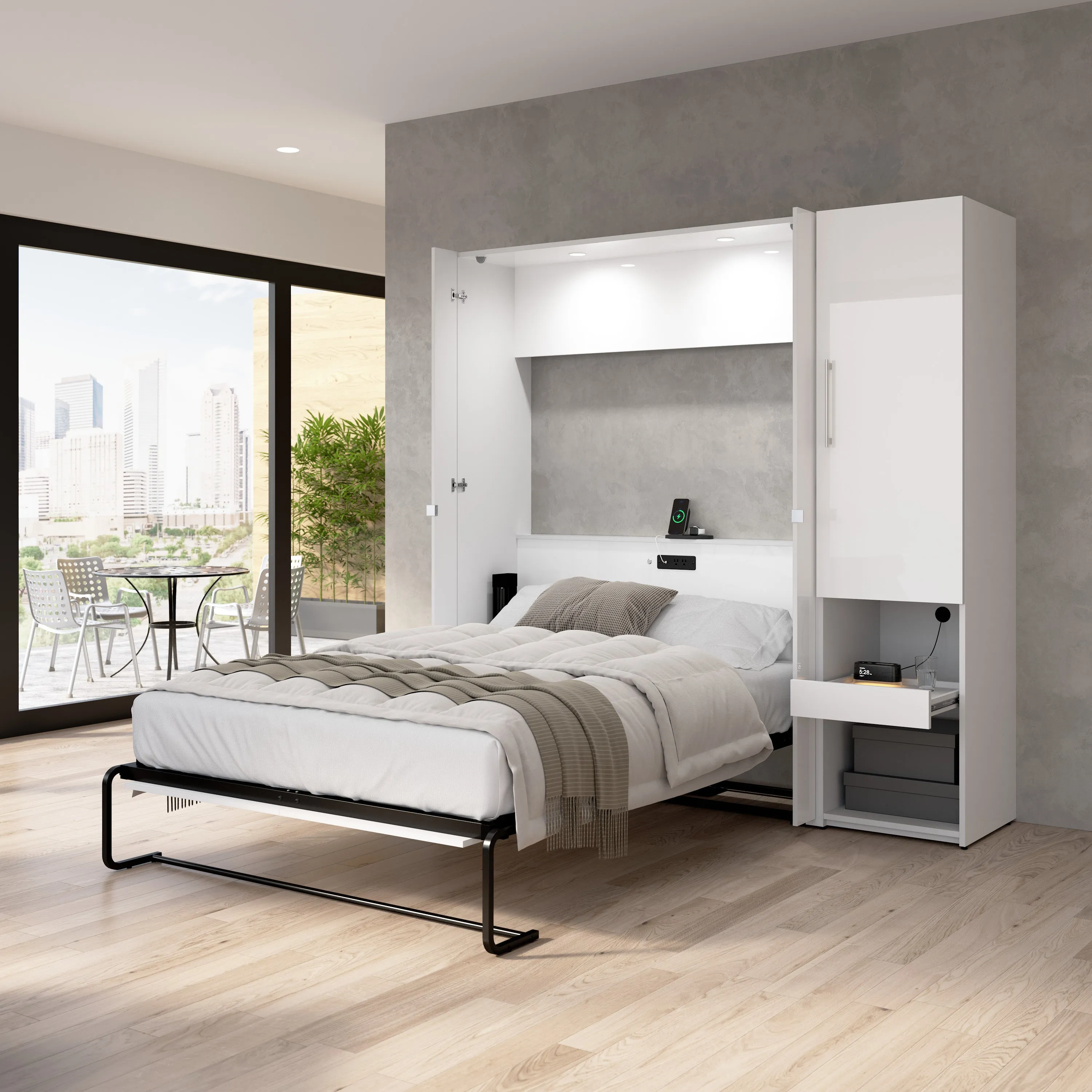 Avalon High Gloss Full Murphy Wall Bed and Storage Cabinet with Pull-Out Shelf in High Gloss White