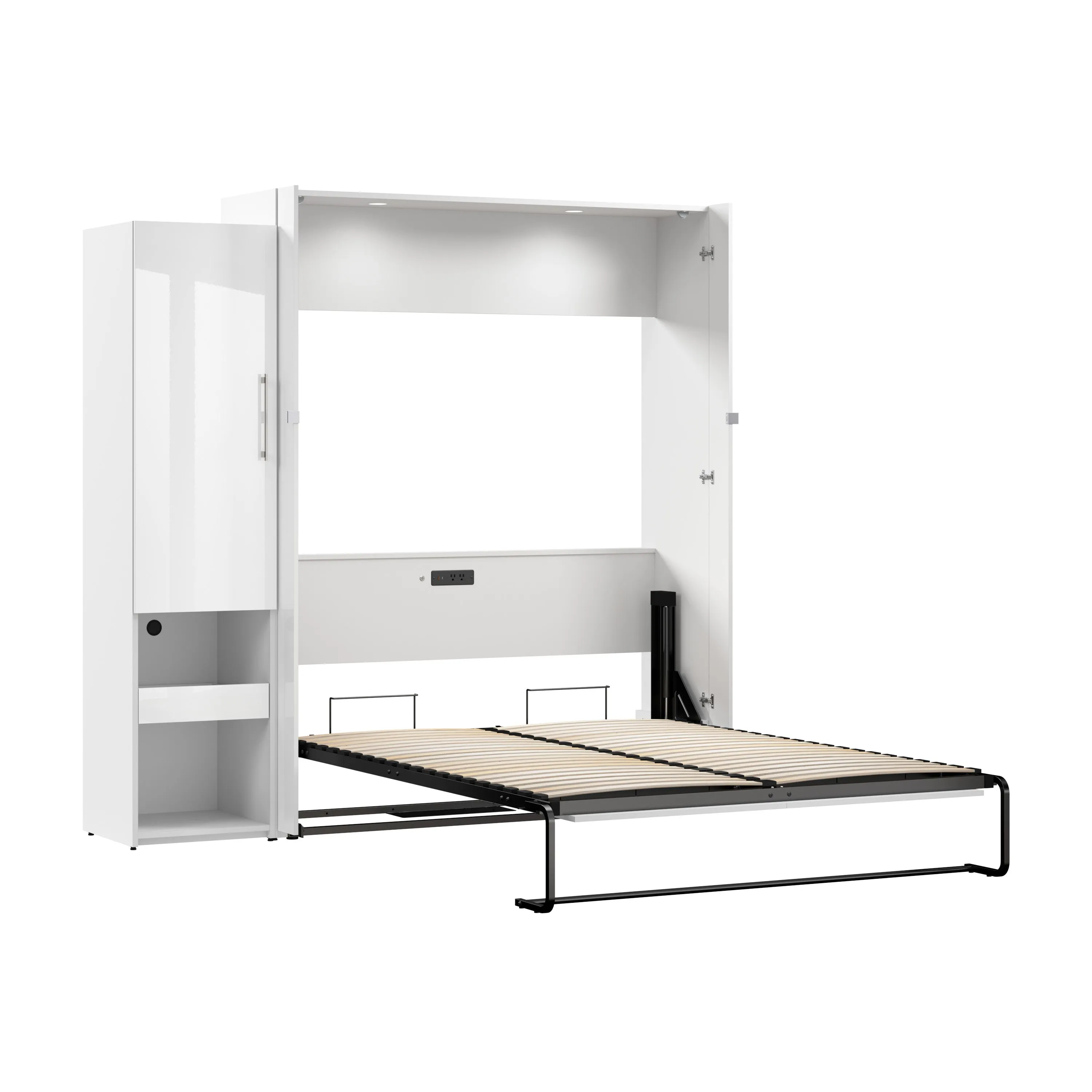 Avalon High Gloss Queen Murphy Wall Bed and Storage Cabinet with Pull-Out Shelf in High Gloss White
