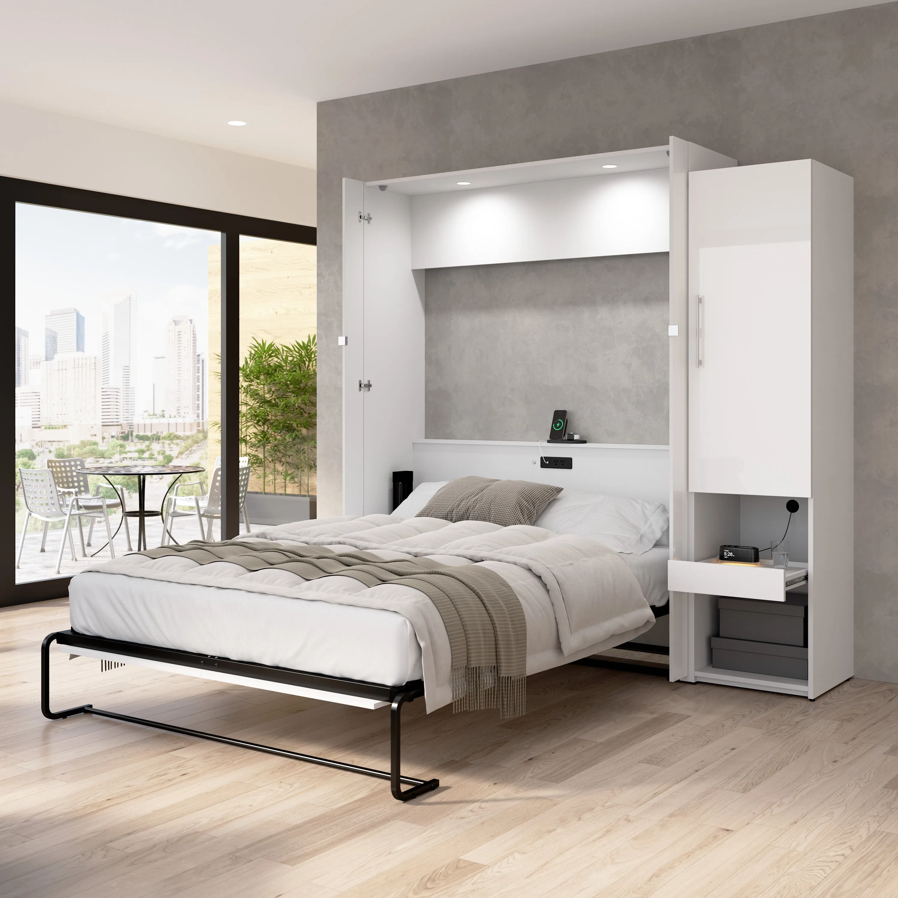 Avalon High Gloss Queen Murphy Wall Bed and Storage Cabinet with Pull-Out Shelf in High Gloss White