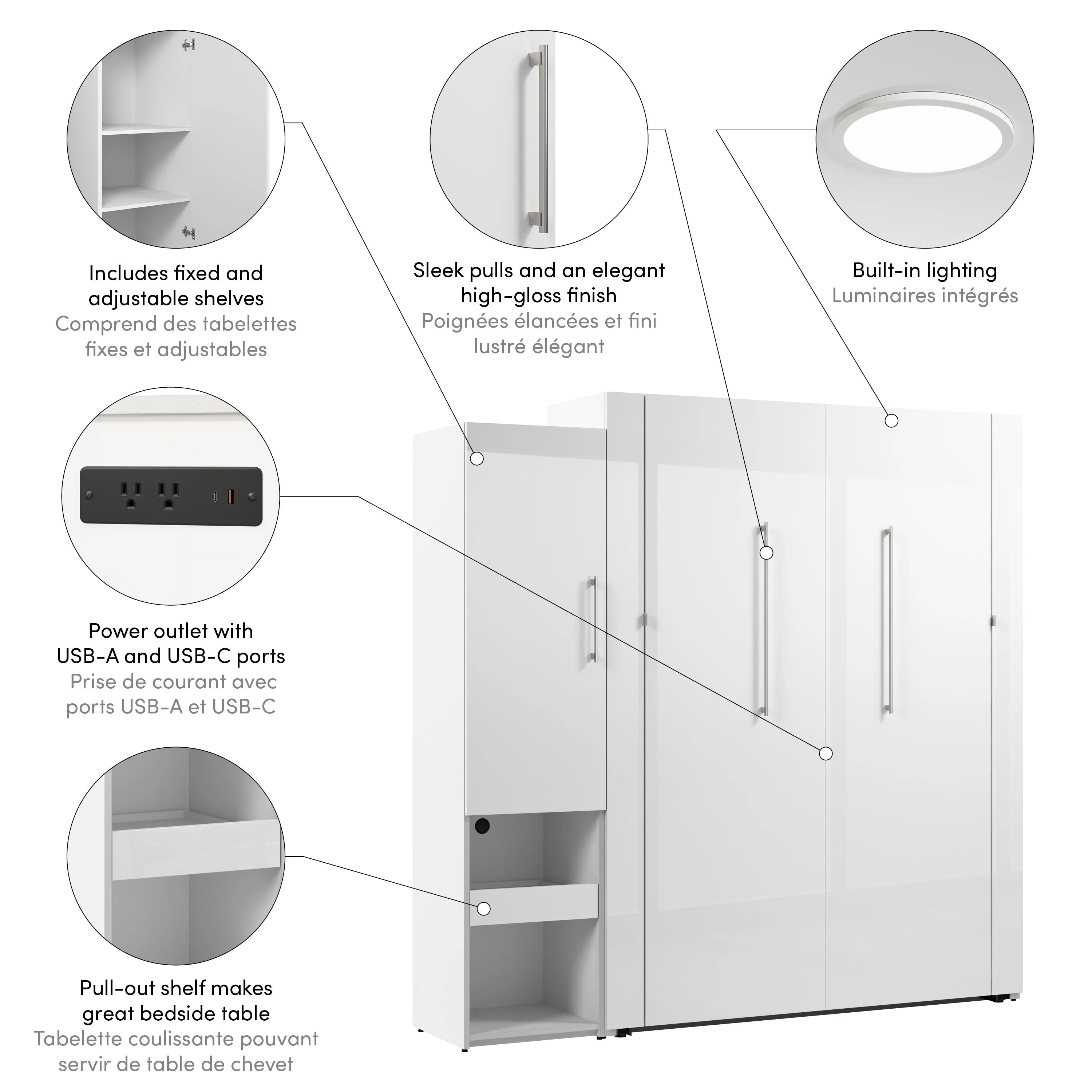 Avalon High Gloss Queen Murphy Wall Bed and Storage Cabinet with Pull-Out Shelf in High Gloss White