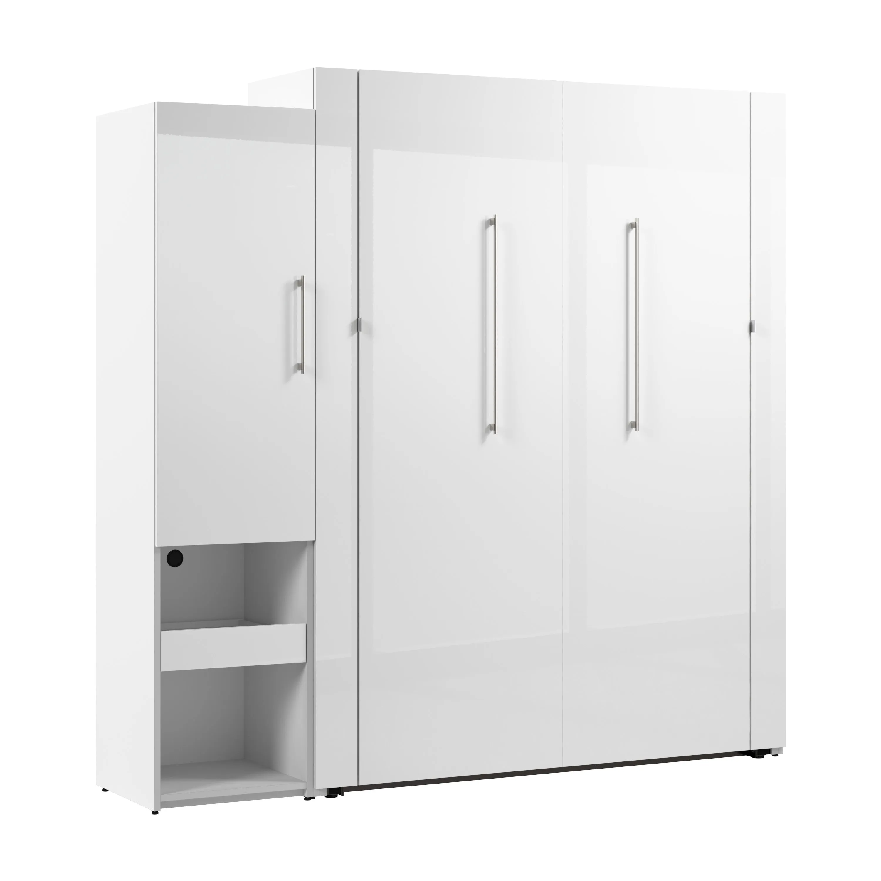 Avalon High Gloss Queen Murphy Wall Bed and Storage Cabinet with Pull-Out Shelf in High Gloss White
