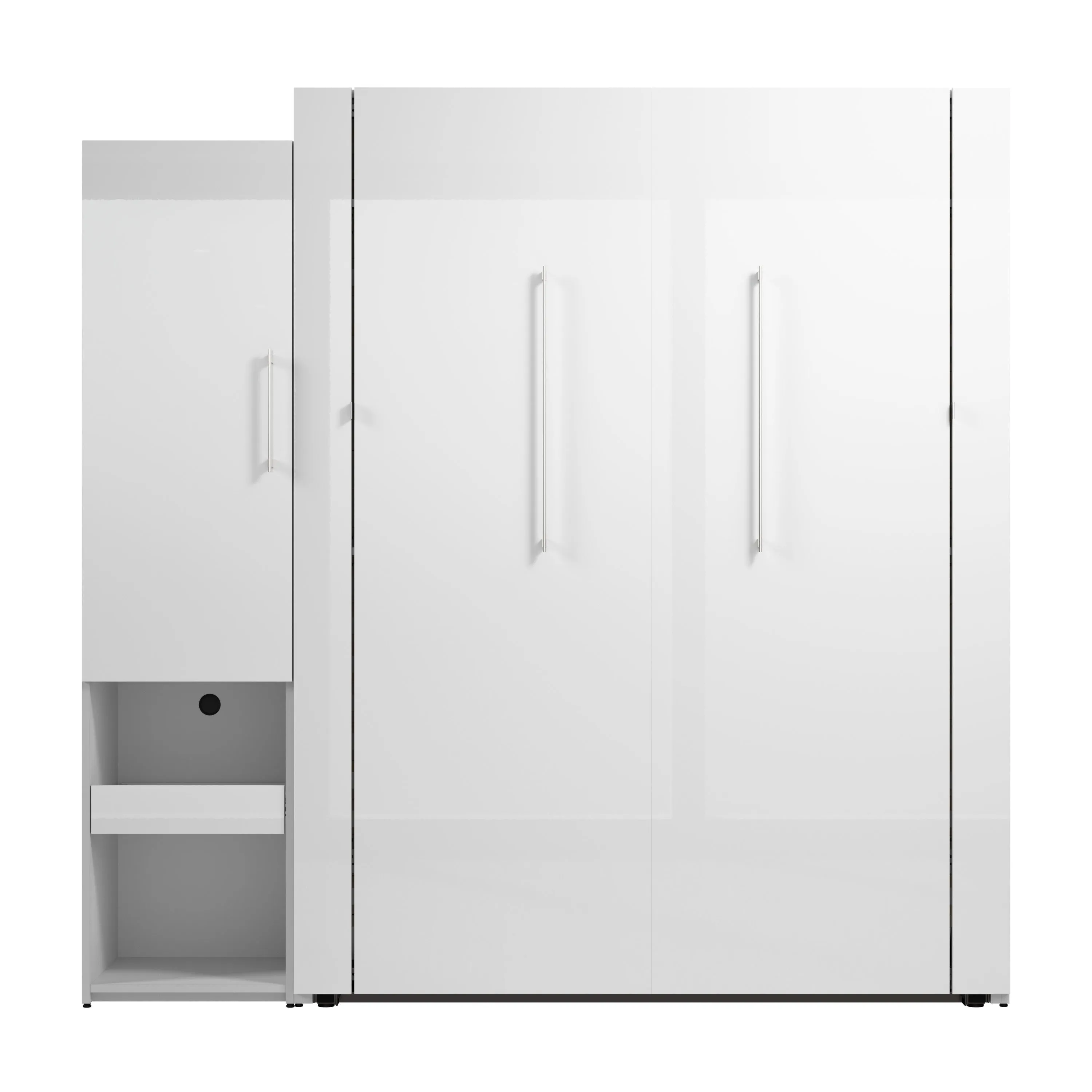 Avalon High Gloss Queen Murphy Wall Bed and Storage Cabinet with Pull-Out Shelf in High Gloss White