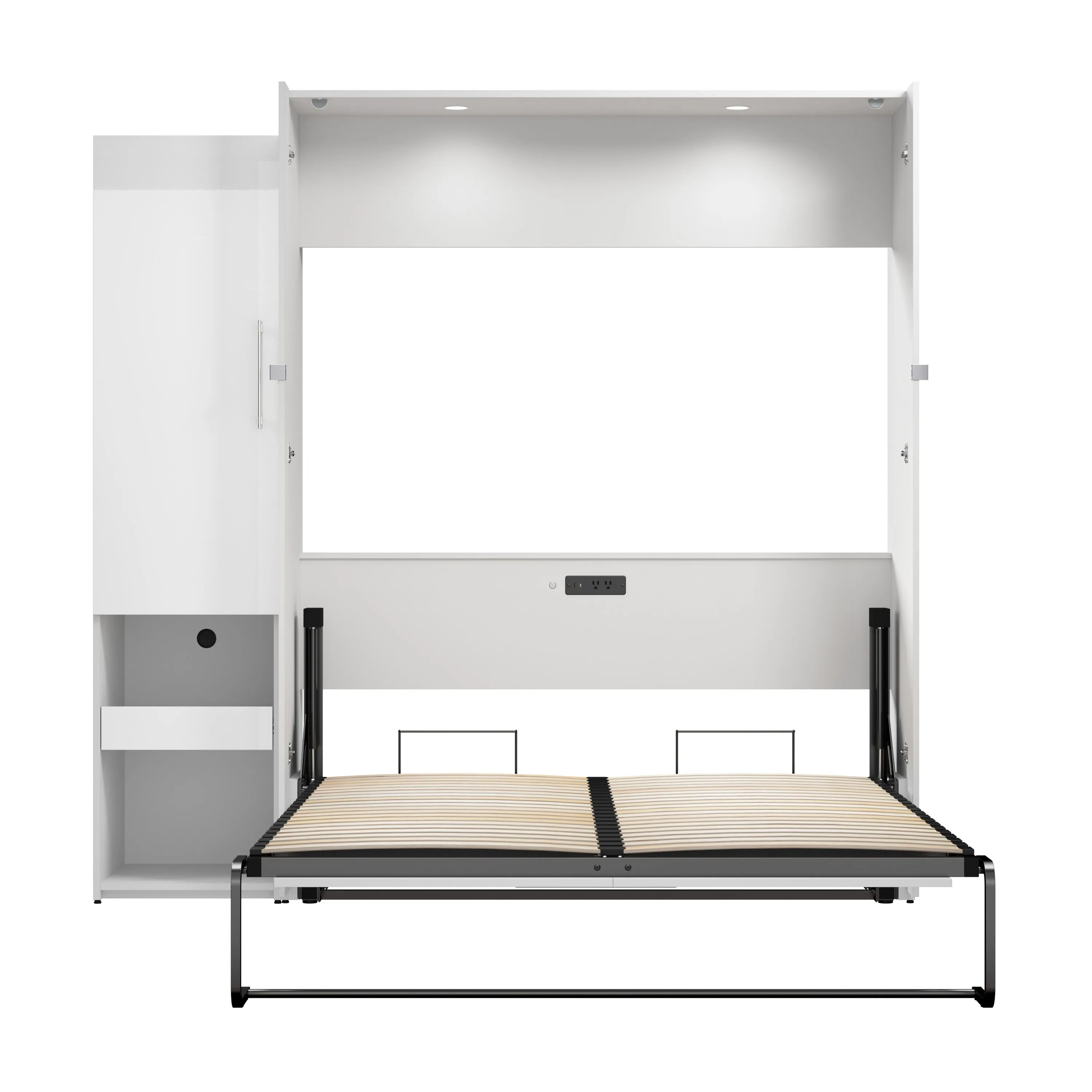 Avalon High Gloss Queen Murphy Wall Bed and Storage Cabinet with Pull-Out Shelf in High Gloss White