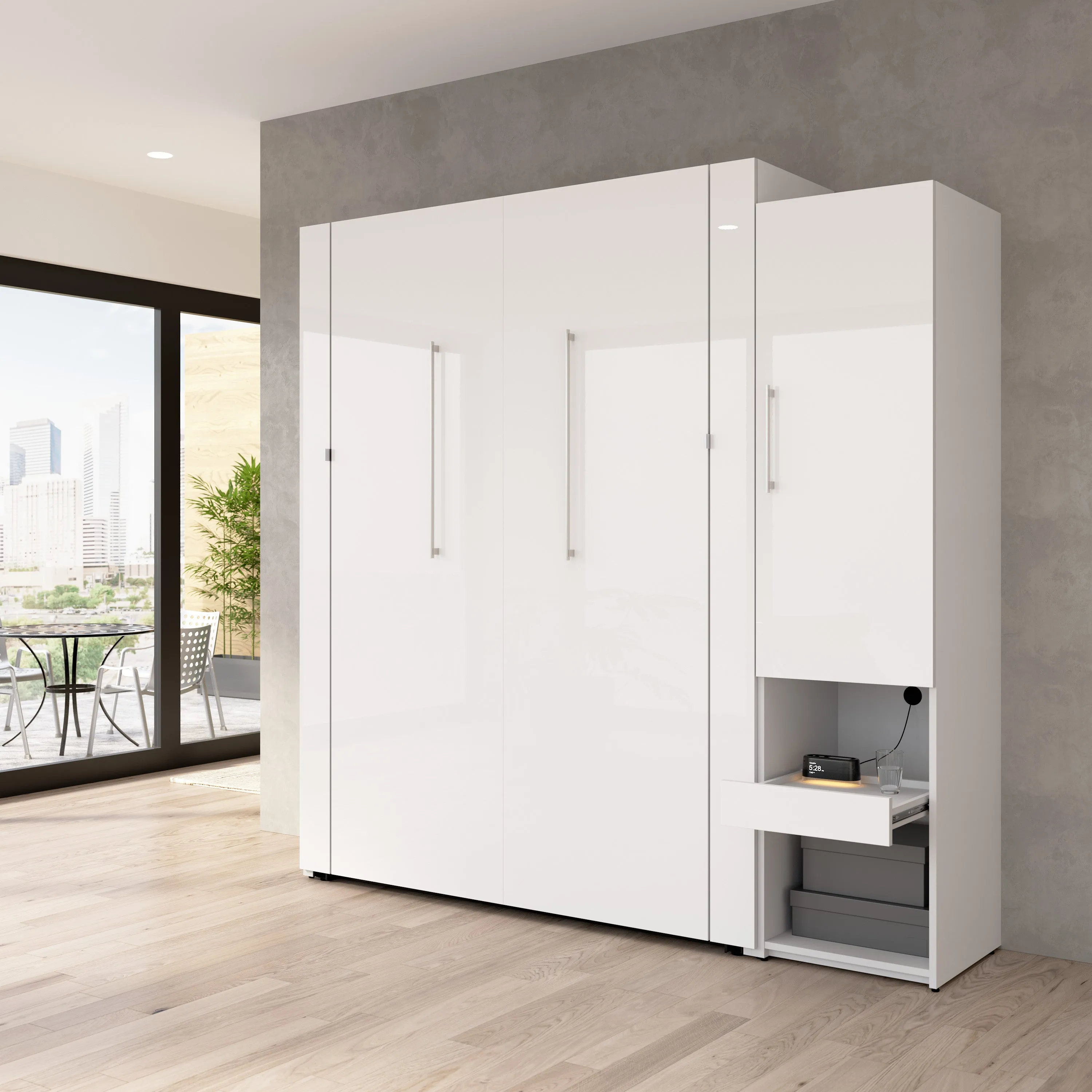 Avalon High Gloss Queen Murphy Wall Bed and Storage Cabinet with Pull-Out Shelf in High Gloss White