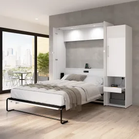 Avalon High Gloss Queen Murphy Wall Bed and Storage Cabinet with Pull-Out Shelf in High Gloss White