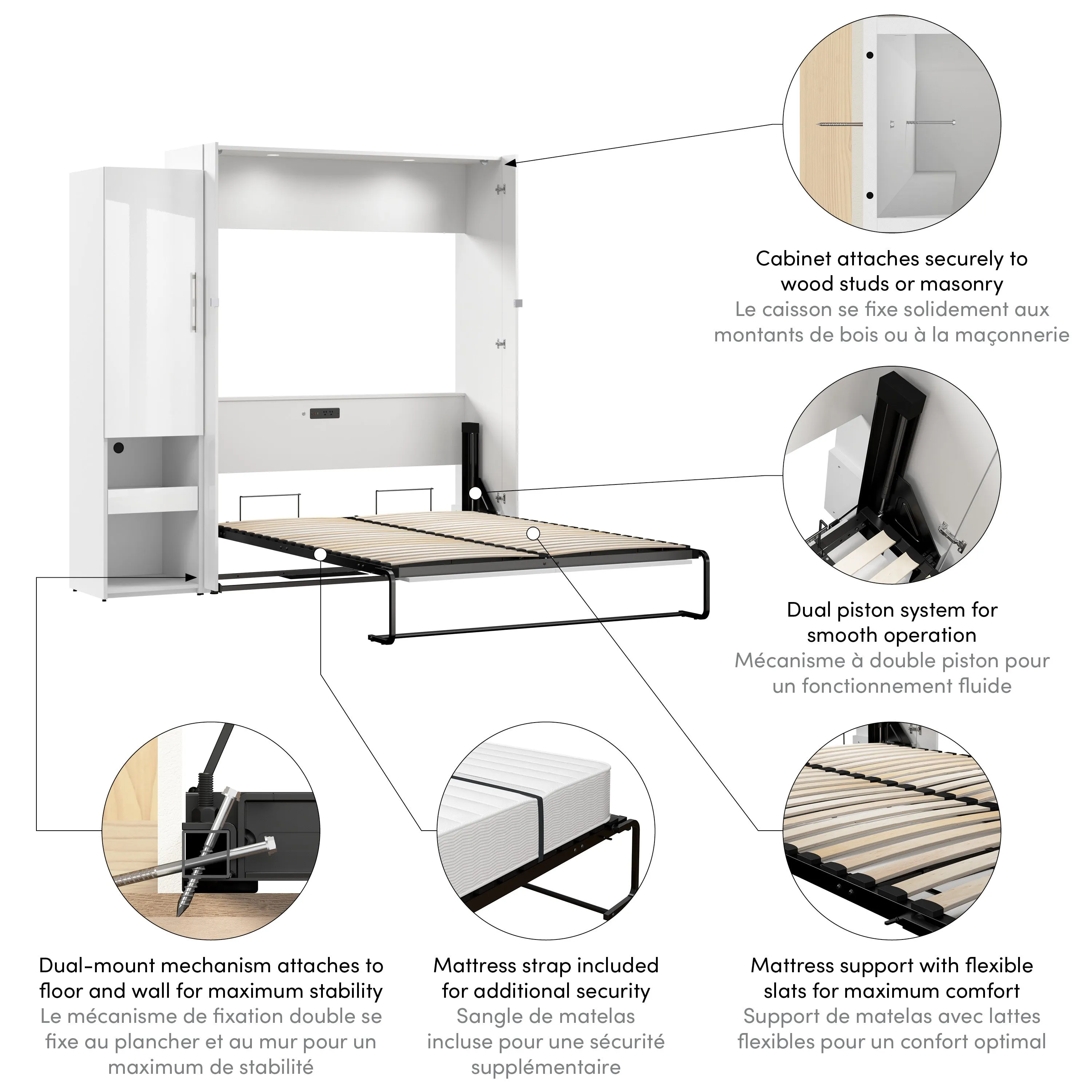 Avalon High Gloss Queen Murphy Wall Bed and Storage Cabinet with Pull-Out Shelf in High Gloss White