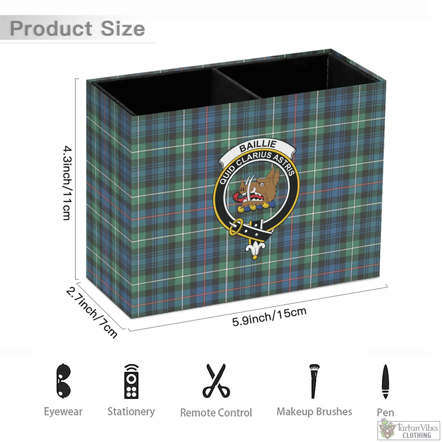 Baillie Ancient Tartan Pen Holder with Family Crest