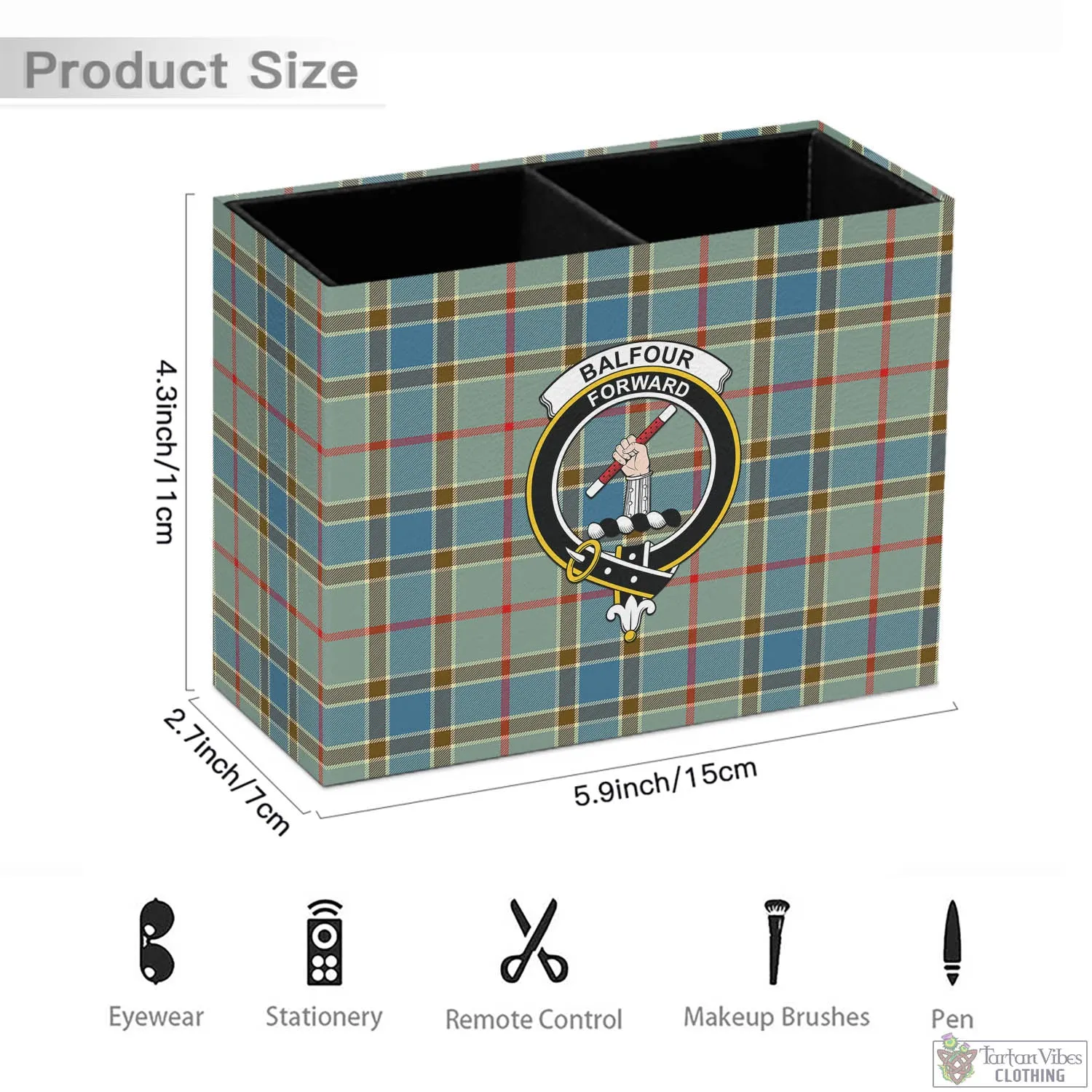 Balfour Blue Tartan Pen Holder with Family Crest
