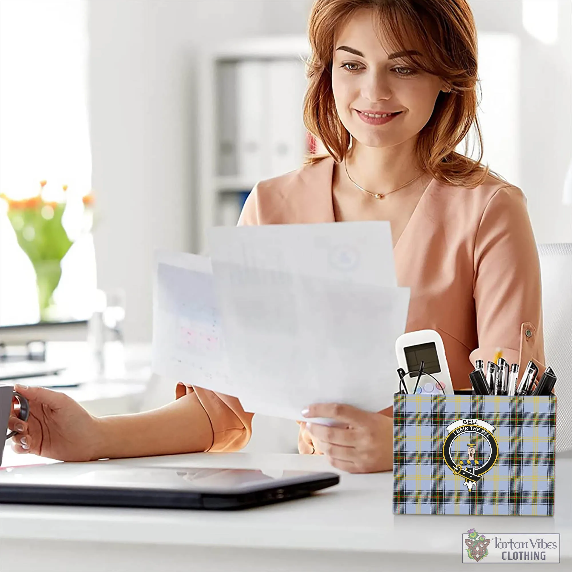 Bell Tartan Pen Holder with Family Crest
