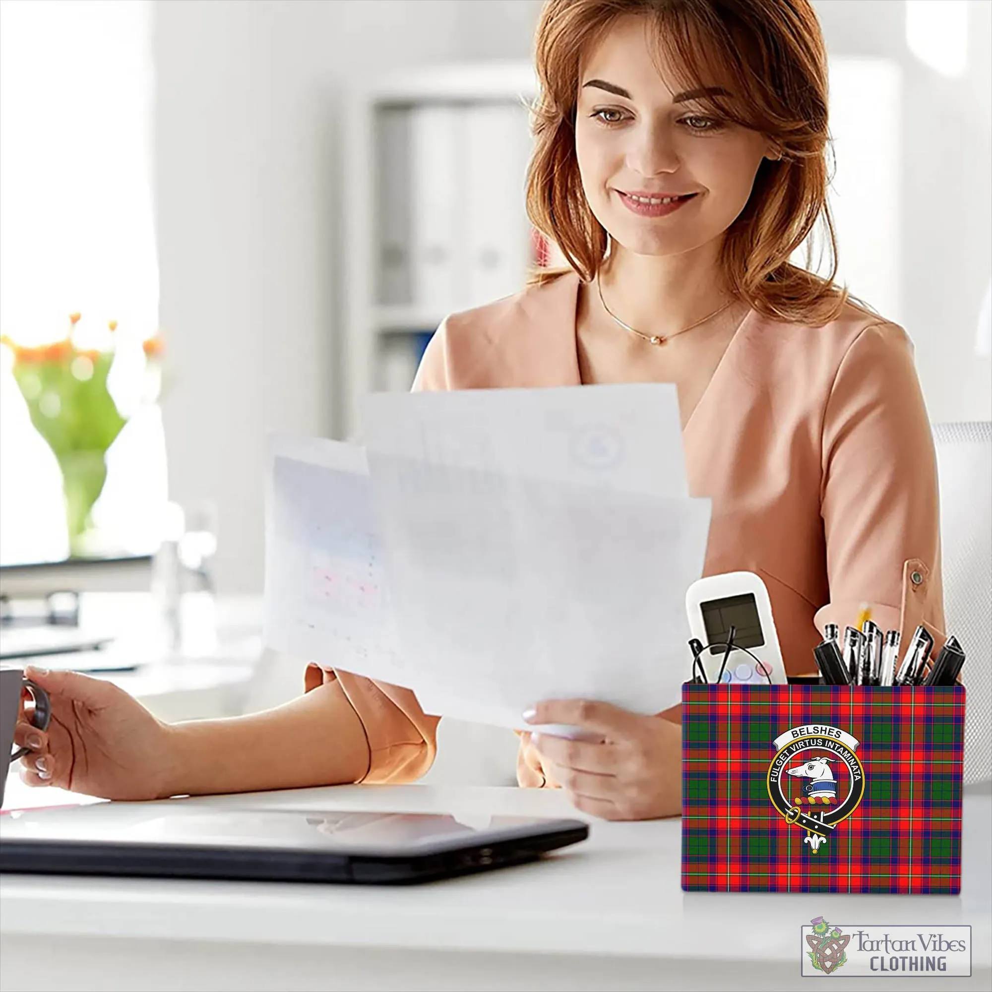 Belshes Tartan Pen Holder with Family Crest