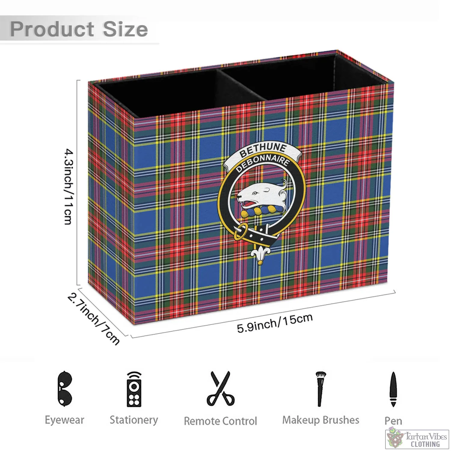Bethune Tartan Pen Holder with Family Crest