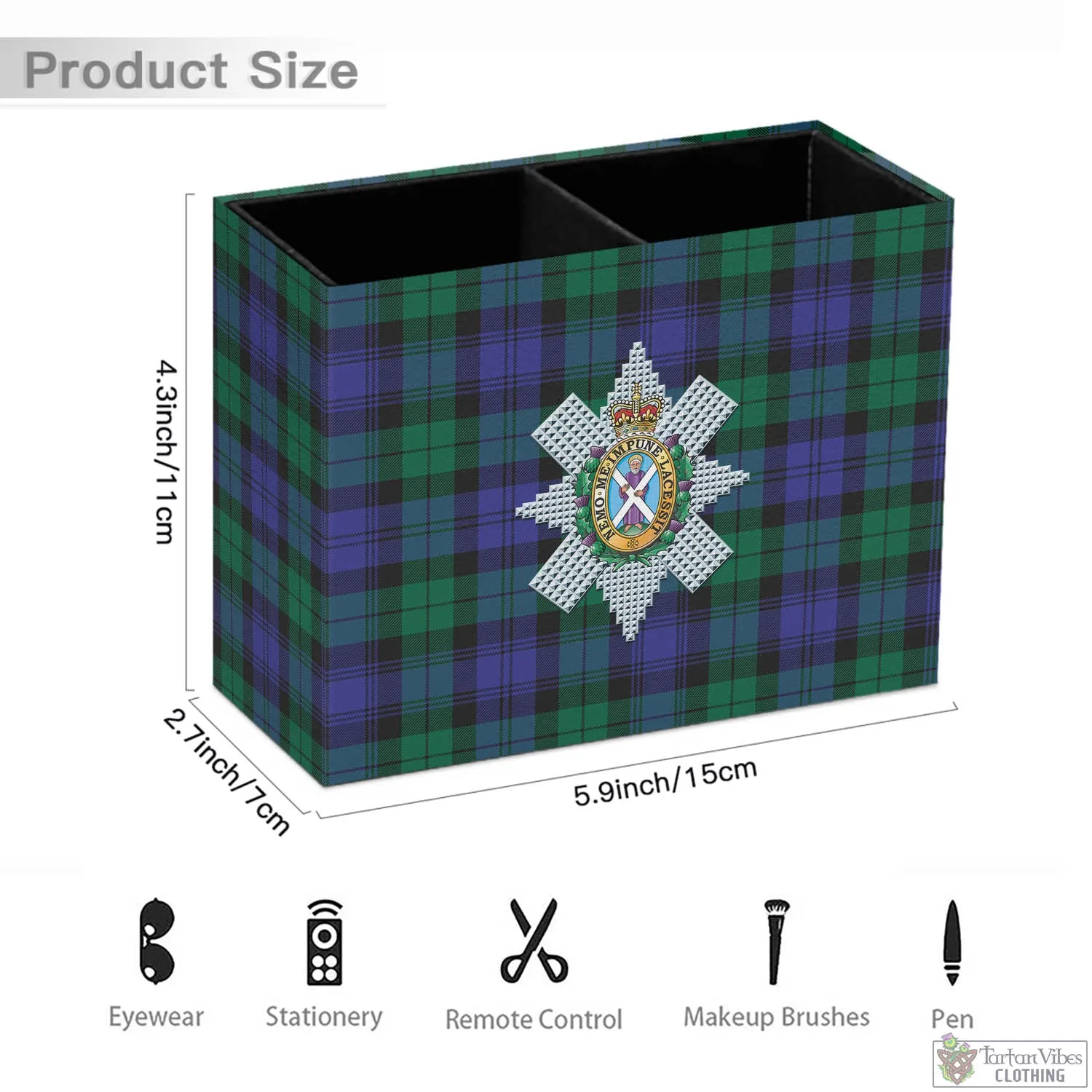 Black Watch Modern Tartan Pen Holder with Family Crest