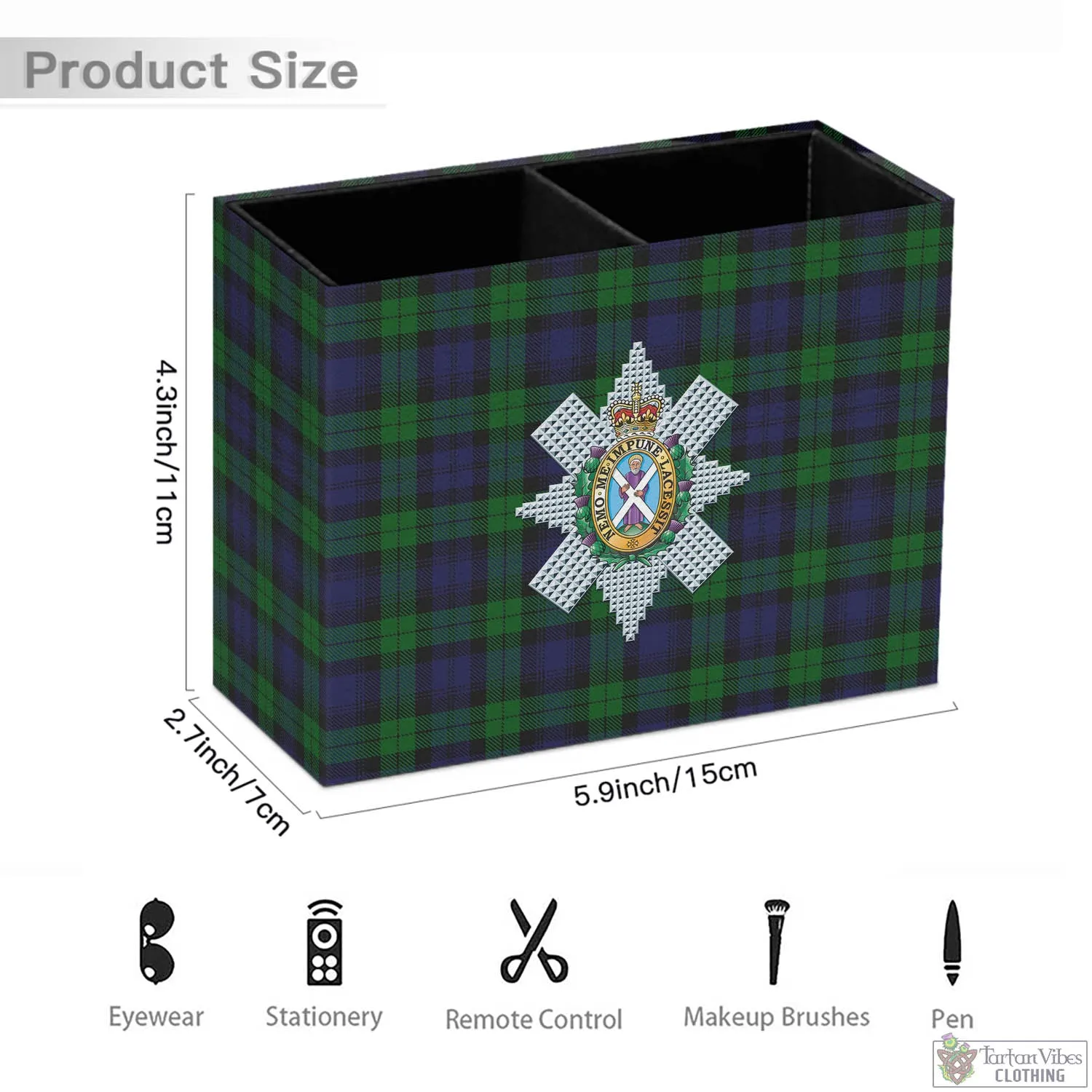 Black Watch Tartan Pen Holder with Family Crest