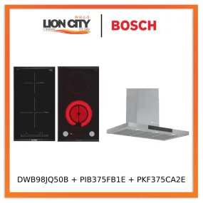 Bosch Series 6 DWB98JQ50B Wall-mounted cooker hood 90 cm   PIB375FB1E Series 6 Domino induction hob 30 cm Black   PKF375CA2E Series 2 Domino Electric hob 30 cm Black, surface mount with frame