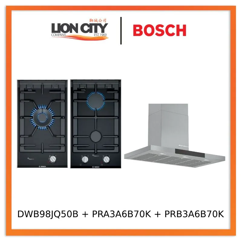Bosch Series 6 DWB98JQ50B Wall-mounted cooker hood 90 cm   PRA3A6B70K Series 8 Domino gas hob 30 cm Ceramic, Black   PIB375FB1E Series 6 Domino induction hob 30 cm Black