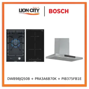 Bosch Series 6 DWB98JQ50B Wall-mounted cooker hood 90 cm   PRA3A6B70K Series 8 Domino gas hob 30 cm Ceramic, Black   PIB375FB1E Series 6 Domino induction hob 30 cm Black