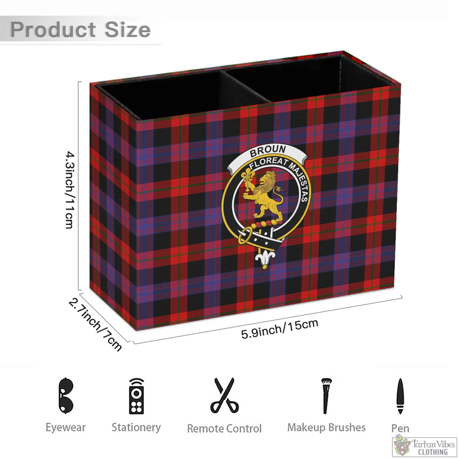Broun Modern Tartan Pen Holder with Family Crest