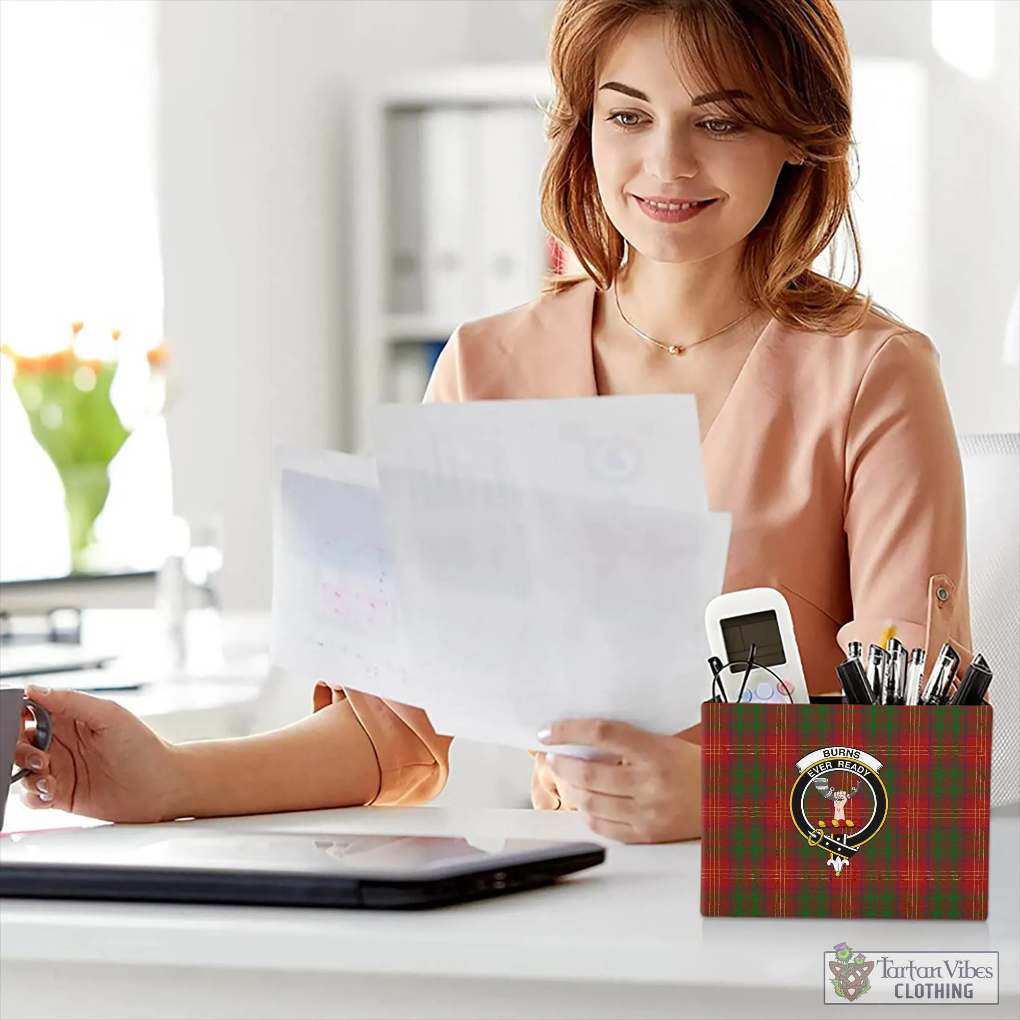 Burns Tartan Pen Holder with Family Crest