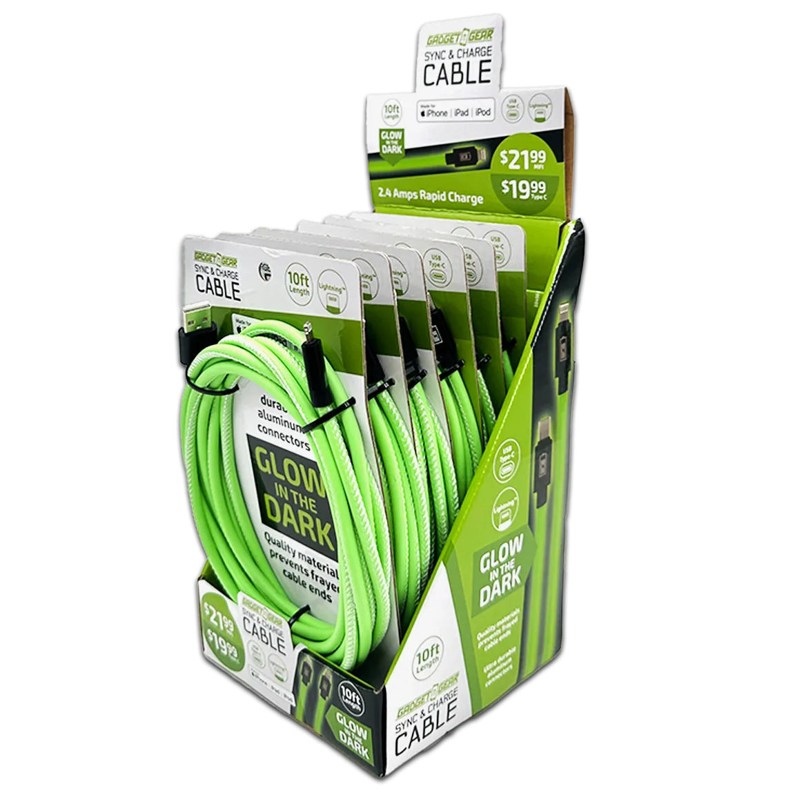 Charging Cable Glow in The Dark Assortment 10FT - 6 Pieces Per Retail Ready Display 88498
