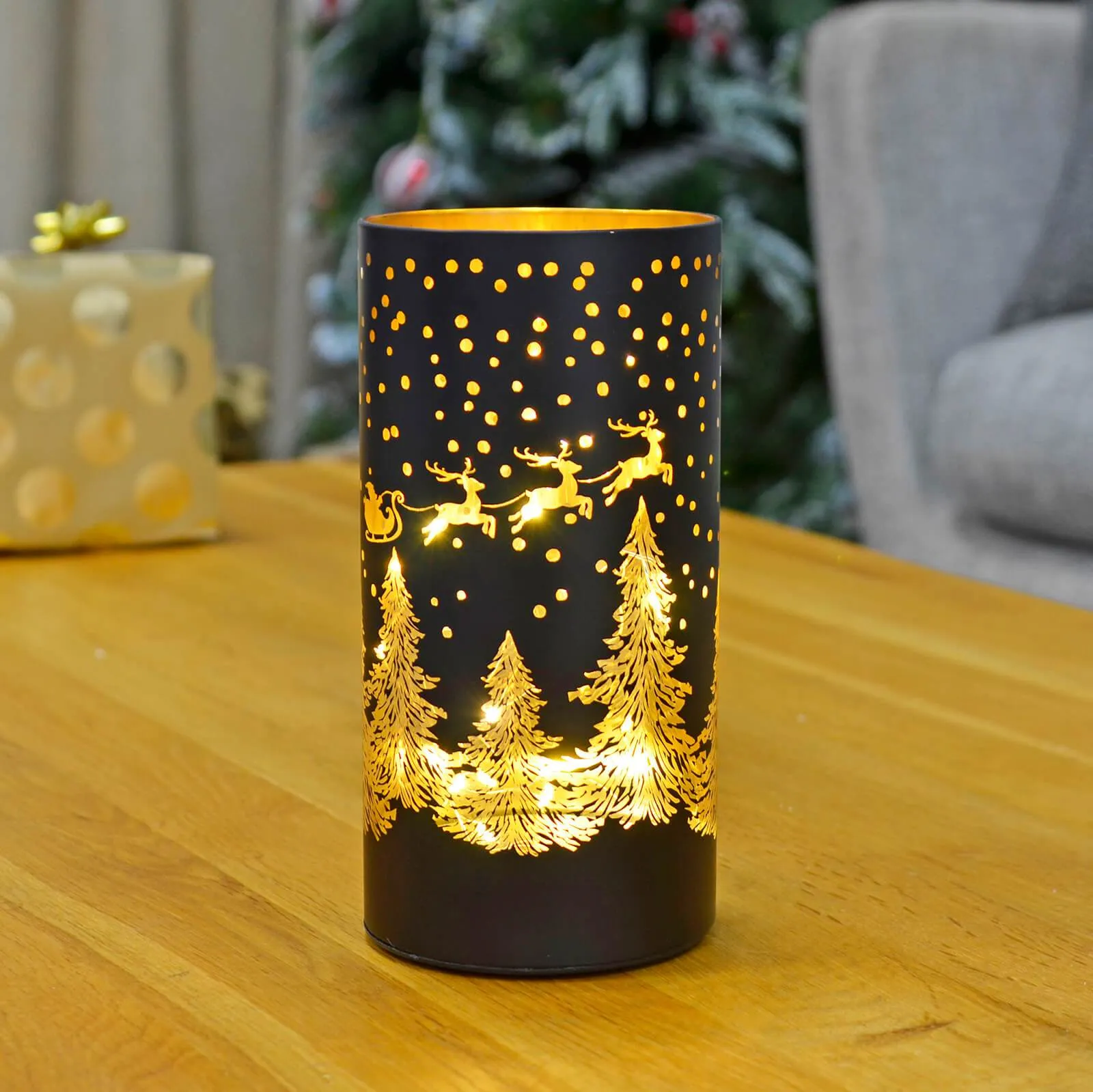 Christmas Cylinder Light Black Gold Decoration Glass 20cm