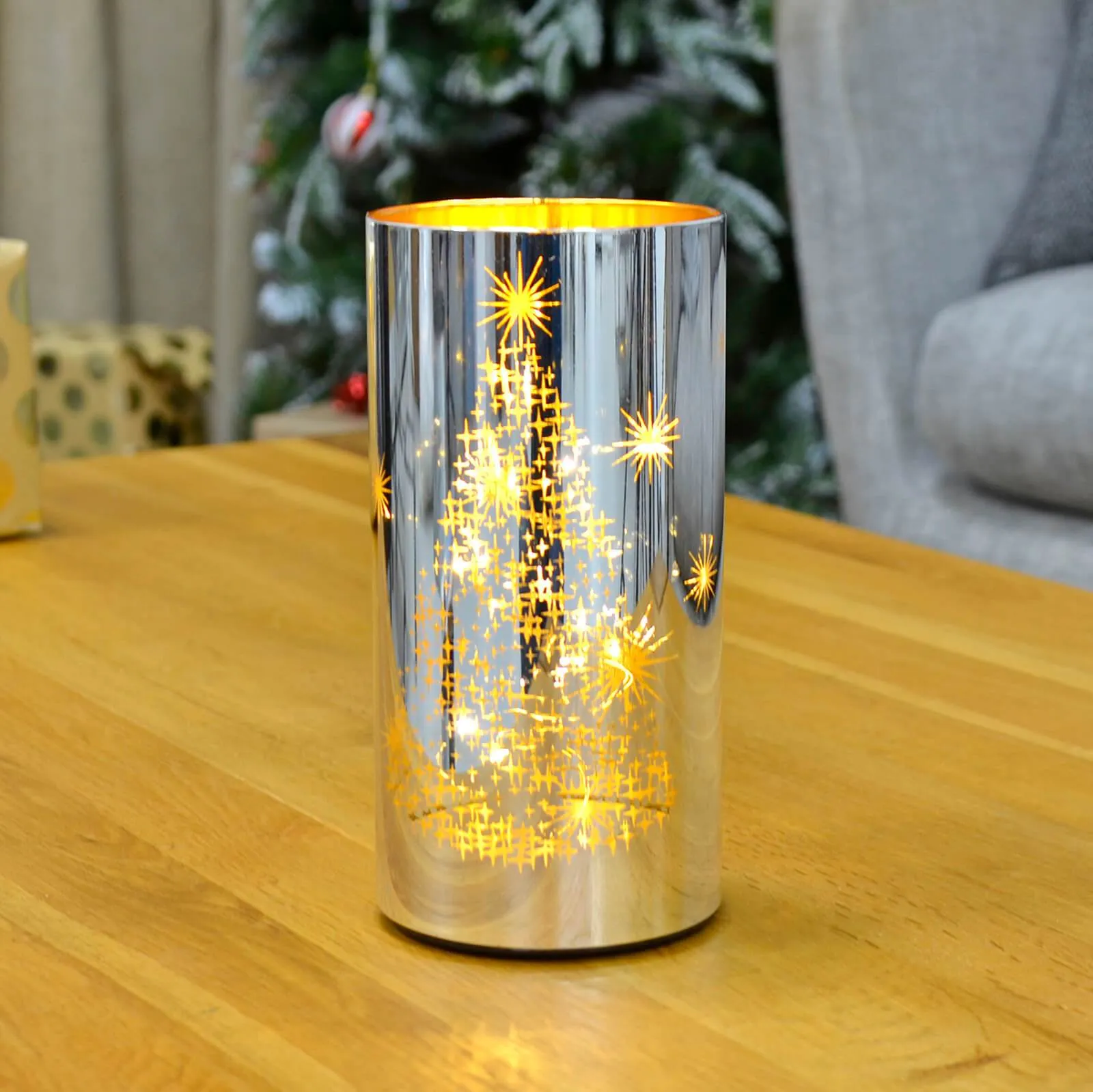 Christmas Cylinder Light Black Gold Decoration Glass 20cm