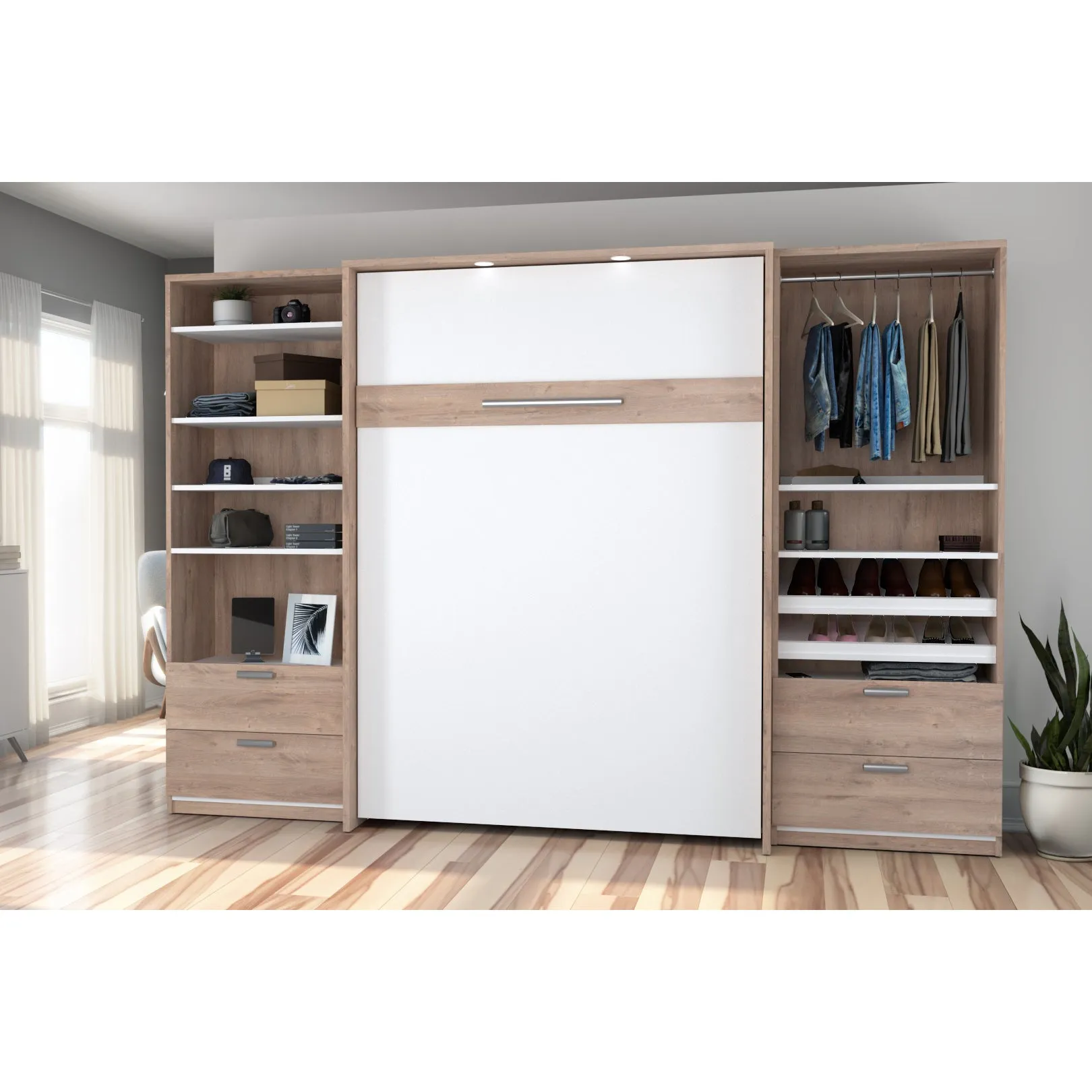 Cielo Full Murphy Wall Bed with 2 Closet Organizers with Drawers - Available in 2 Colours