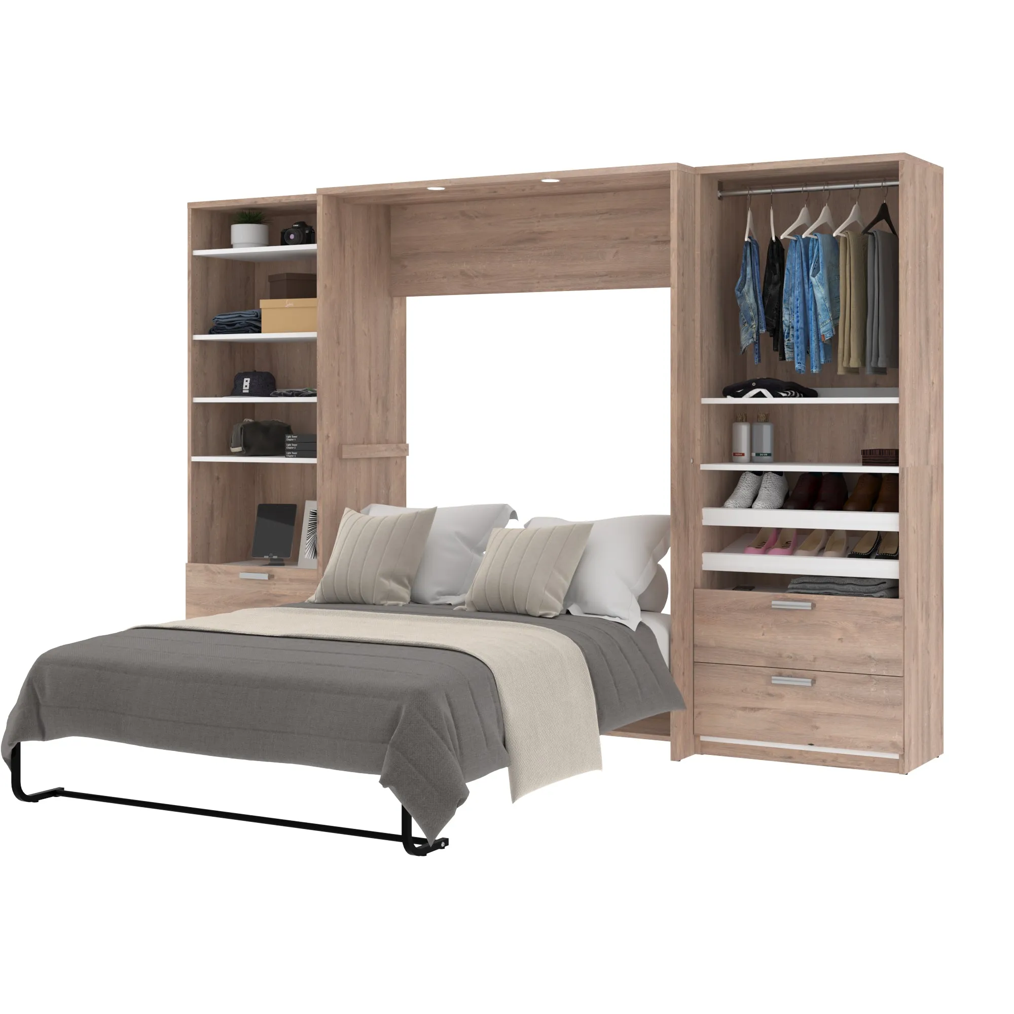 Cielo Full Murphy Wall Bed with 2 Closet Organizers with Drawers - Available in 2 Colours